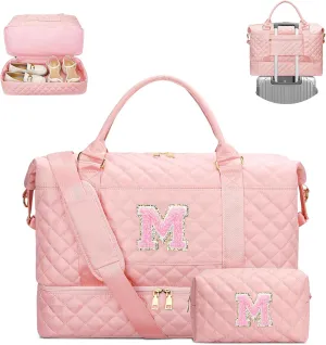 Gifts for Women Initial Travel Duffle Bag Quilted Weekender Carry-On Overnight with Cosmetic Bag, Gym Bag with Shoe Compartment Hospital Bag for Labor Delivery, Pink M