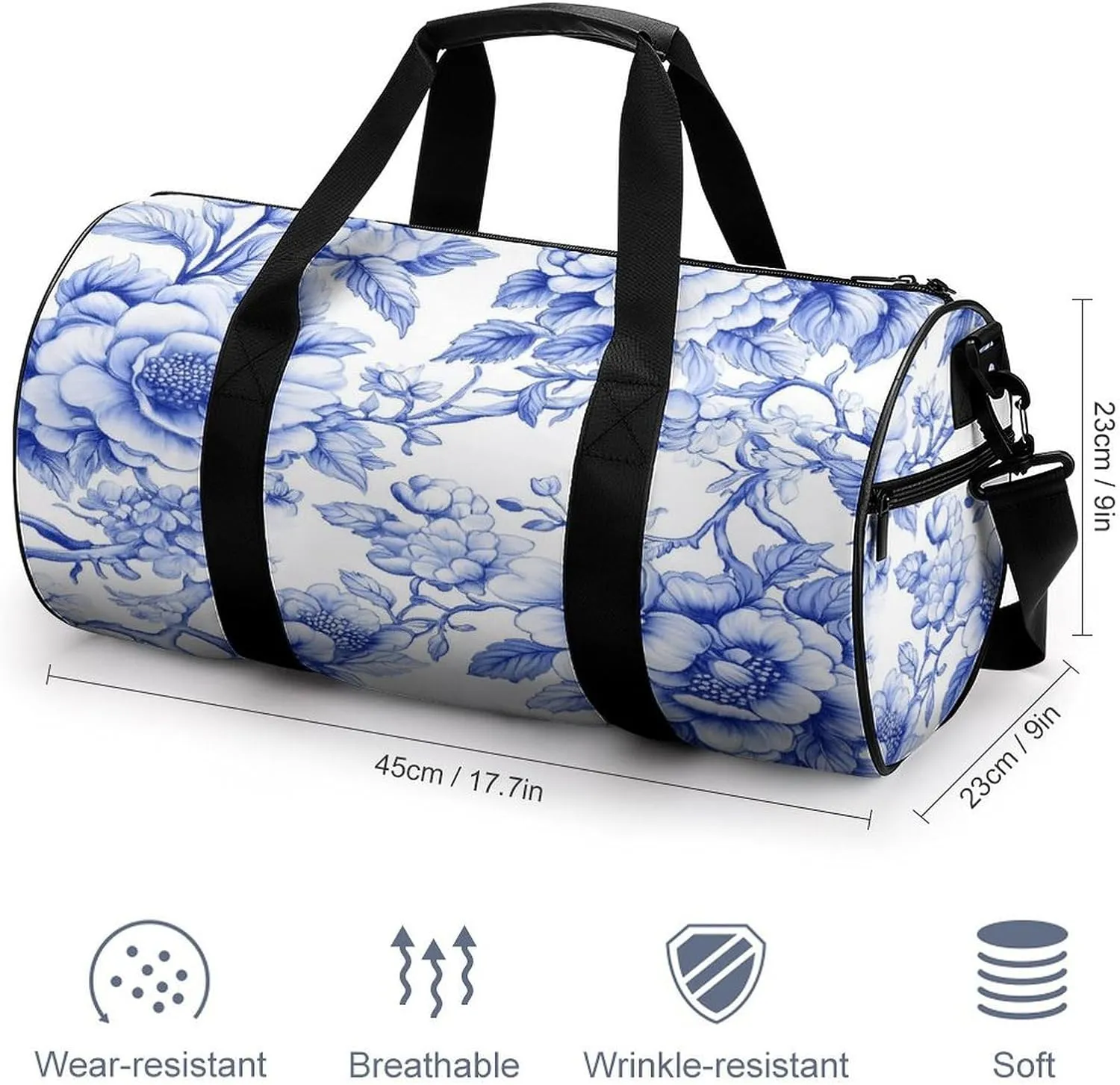 Girly Cute Coquette Blue Toile Chinoiserie Travel Gym Bag for Women Men Cylindrical Duffle Bag Sport Workout Bag with Shoulder Strap