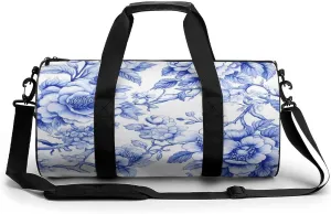 Girly Cute Coquette Blue Toile Chinoiserie Travel Gym Bag for Women Men Cylindrical Duffle Bag Sport Workout Bag with Shoulder Strap