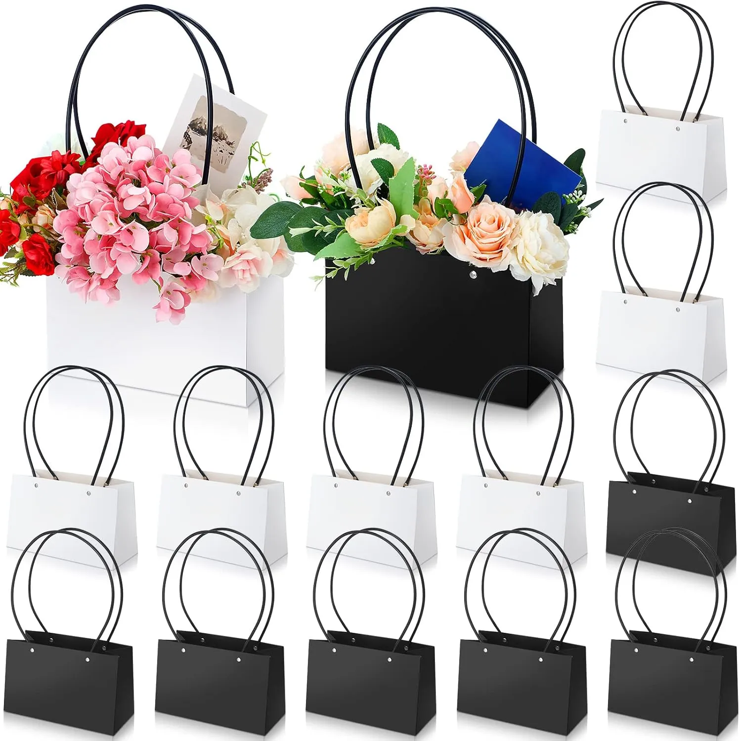 Glenmal 12 Pcs Kraft Paper Flower Gift Box Bouquet Bags Rectangle Flower Waterproof Bouquet Box with Handles Wedding Valentine's Day Mother's Day Gifts Baby Shower, Florist Supply, Black, White