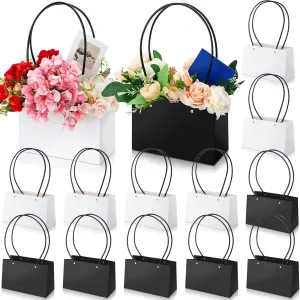 Glenmal 12 Pcs Kraft Paper Flower Gift Box Bouquet Bags Rectangle Flower Waterproof Bouquet Box with Handles Wedding Valentine's Day Mother's Day Gifts Baby Shower, Florist Supply, Black, White