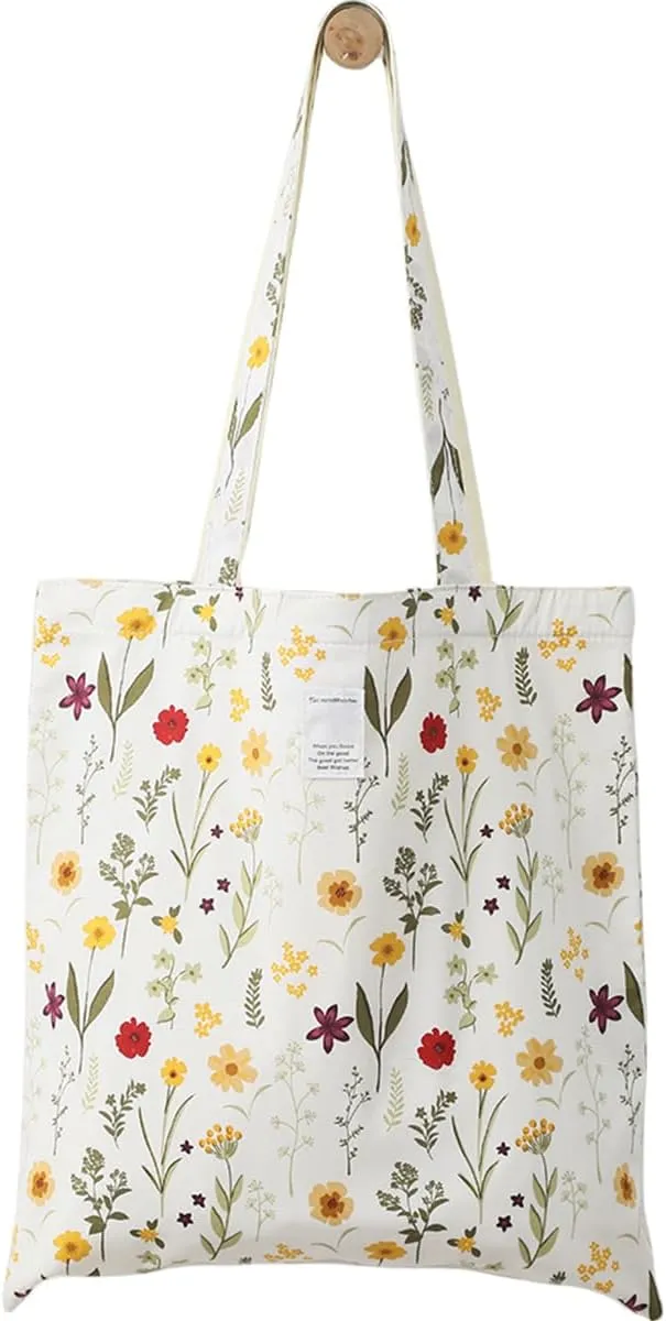 Glowave Cute Tote Bag Floral Canvas Tote Bags for Women Sturdy Cloth Cotton Shoulder Handbags