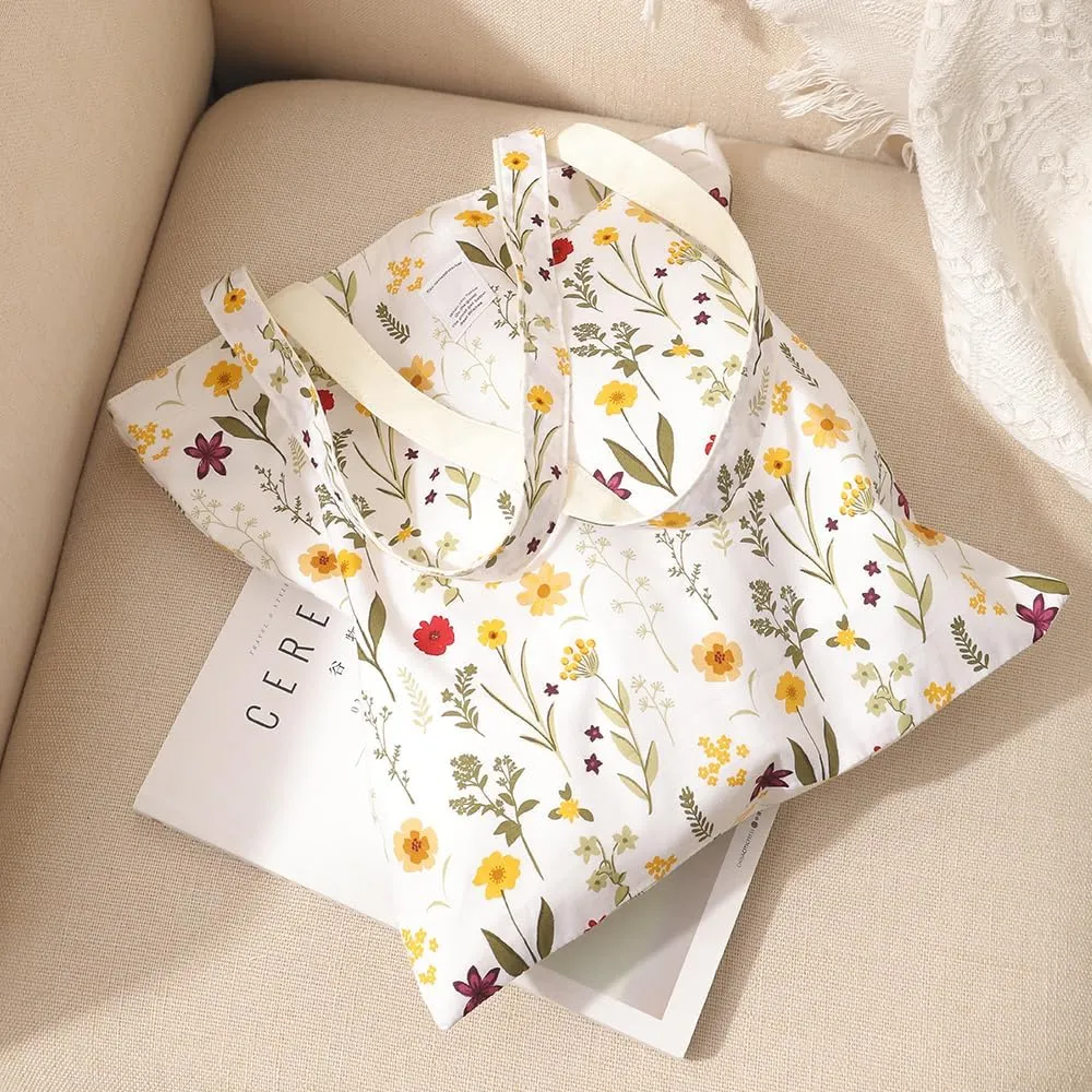 Glowave Cute Tote Bag Floral Canvas Tote Bags for Women Sturdy Cloth Cotton Shoulder Handbags