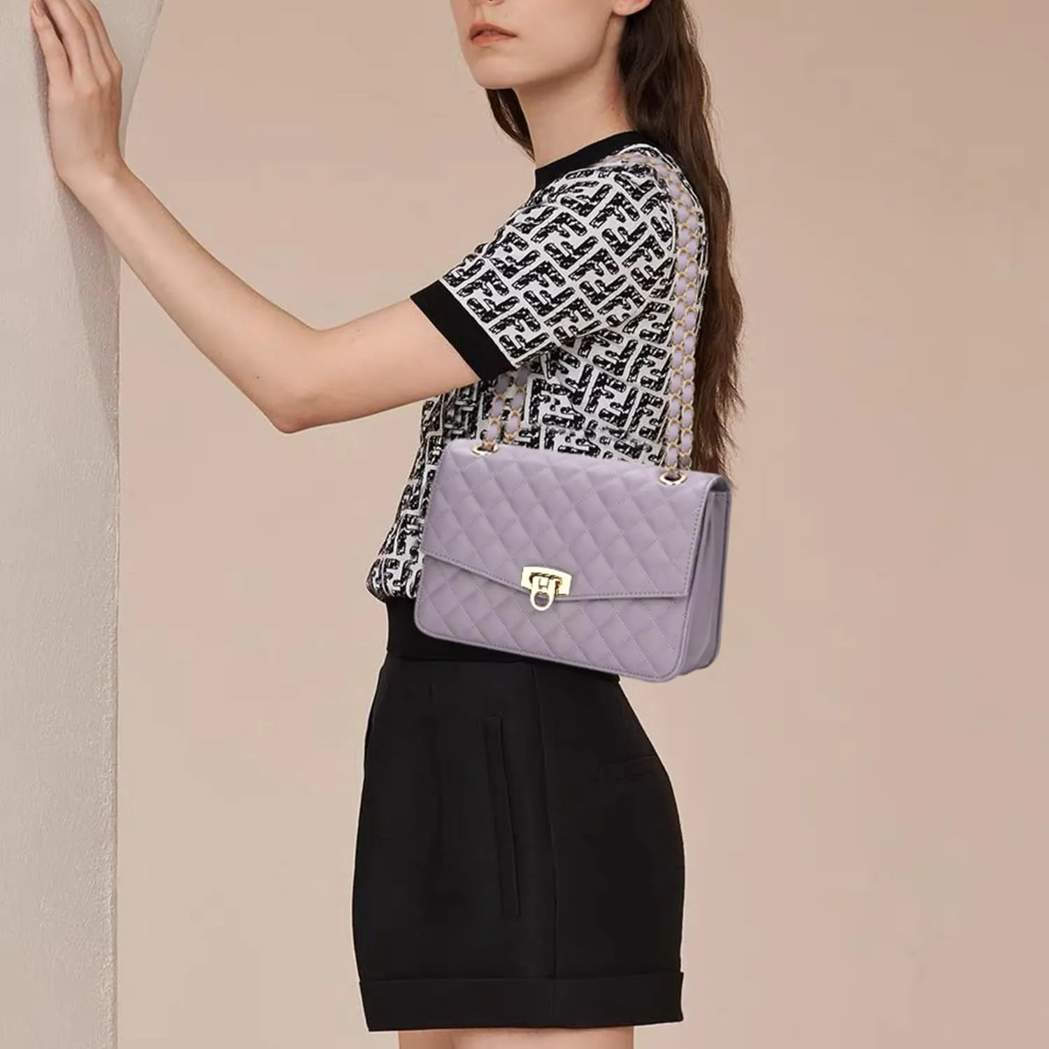 GM LIKKIE Quilted Shoulder Bag for Women, Medium Flap Crossbody Handbag with Chain Strap, Soft Vegan Leather Clutch Purse