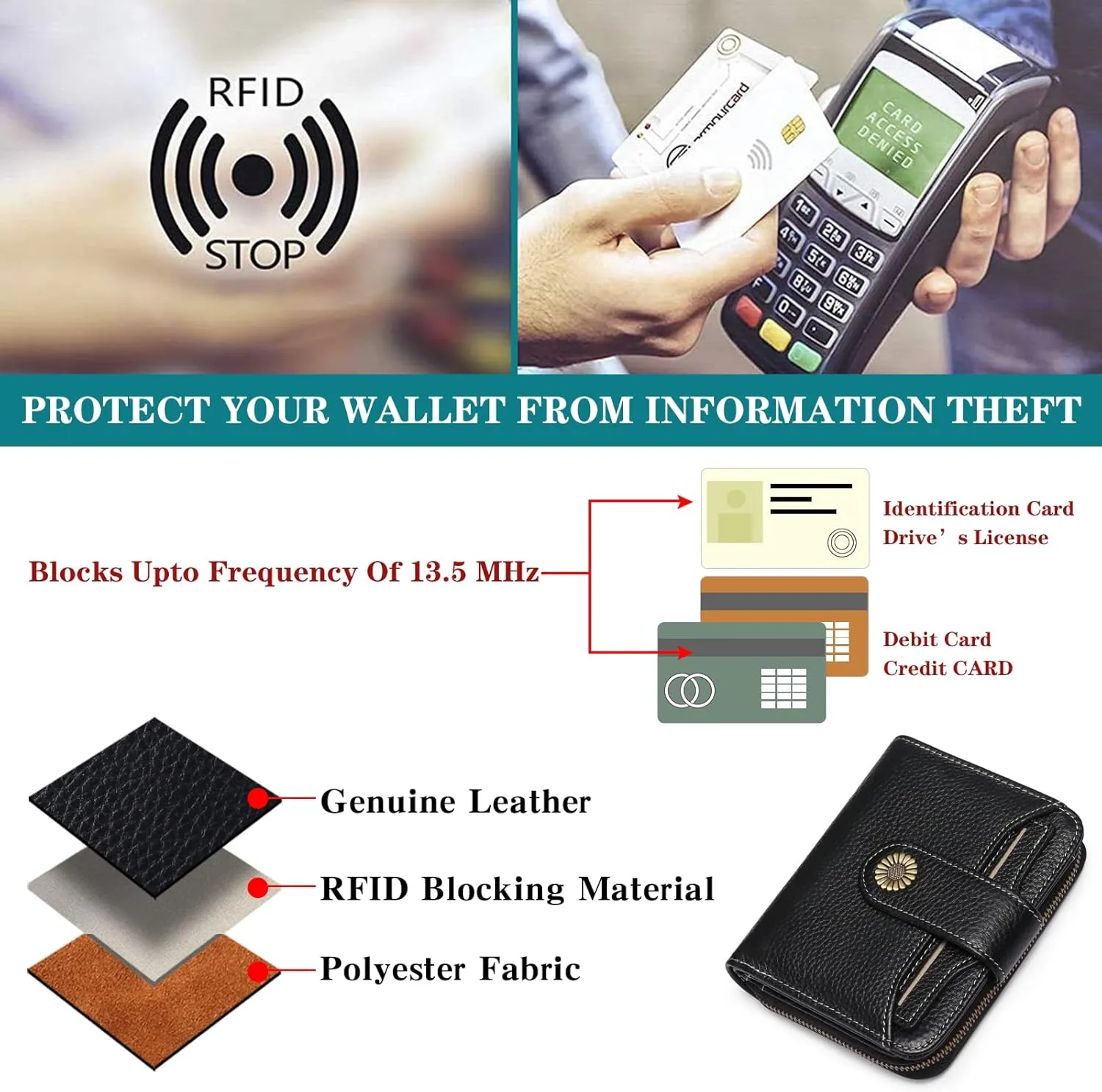 GOIACII Wallet for Women Leather Small RFID Blocking Bifold Zipper Pocket Card Holder with ID Window Black