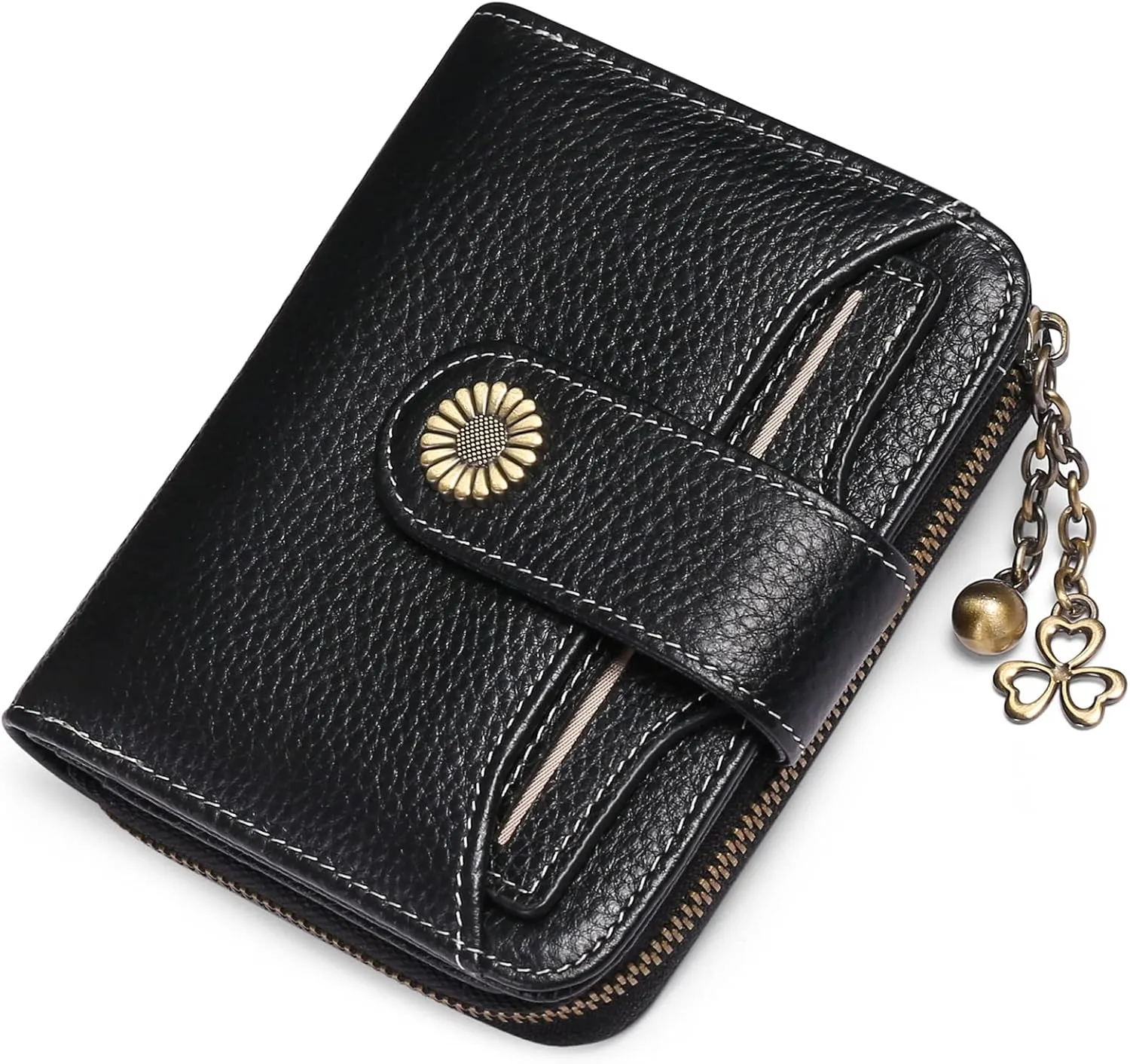 GOIACII Wallet for Women Leather Small RFID Blocking Bifold Zipper Pocket Card Holder with ID Window Black