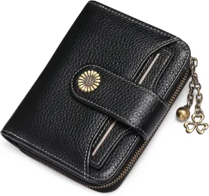 GOIACII Wallet for Women Leather Small RFID Blocking Bifold Zipper Pocket Card Holder with ID Window Black