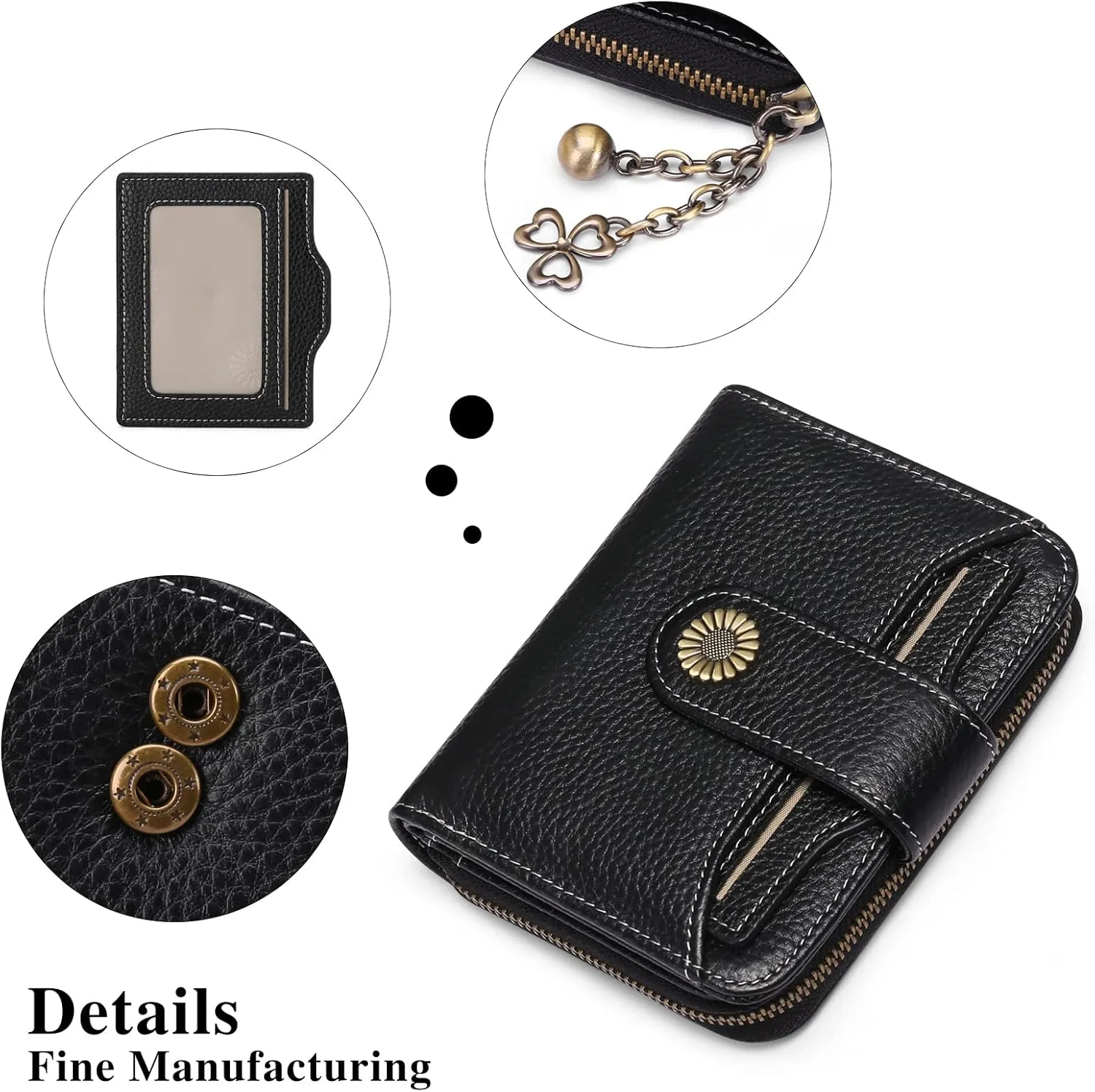 GOIACII Wallet for Women Leather Small RFID Blocking Bifold Zipper Pocket Card Holder with ID Window Black