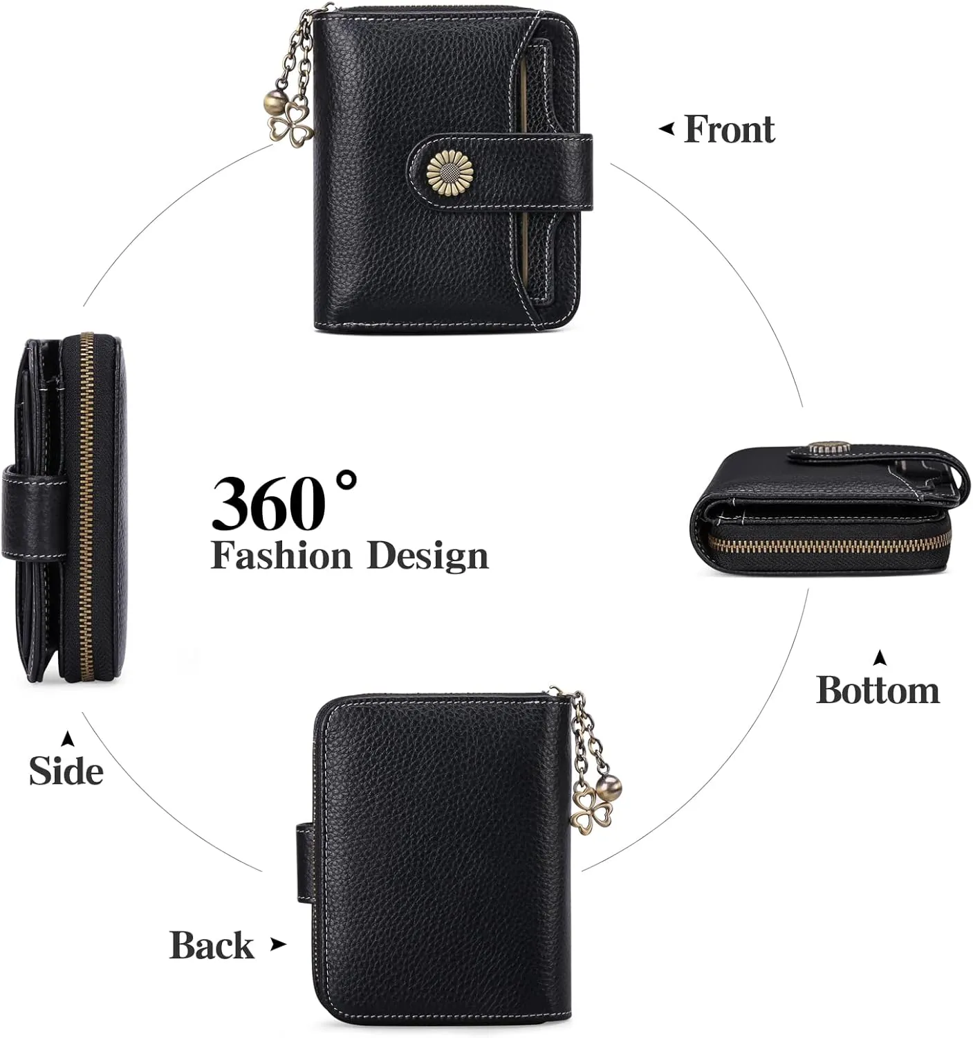 GOIACII Wallet for Women Leather Small RFID Blocking Bifold Zipper Pocket Card Holder with ID Window Black