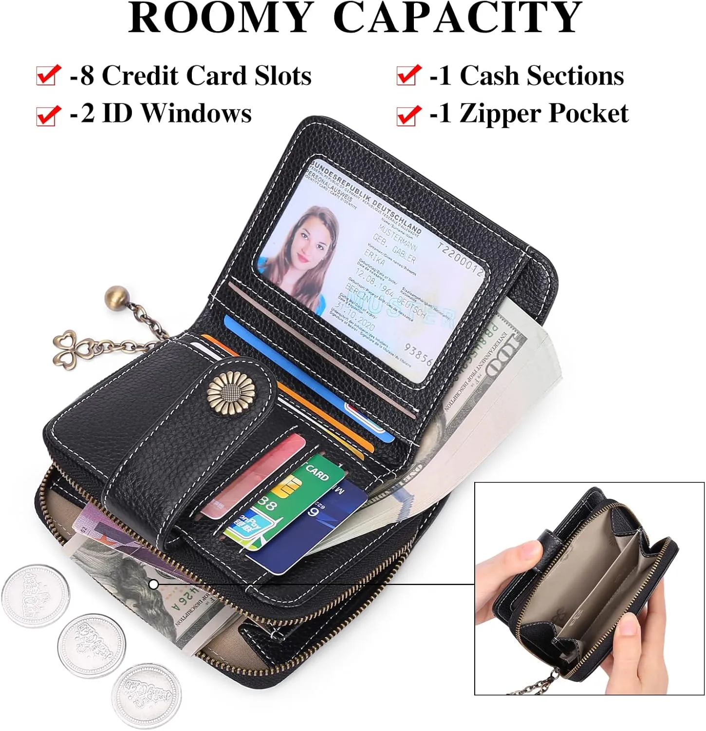 GOIACII Wallet for Women Leather Small RFID Blocking Bifold Zipper Pocket Card Holder with ID Window Black