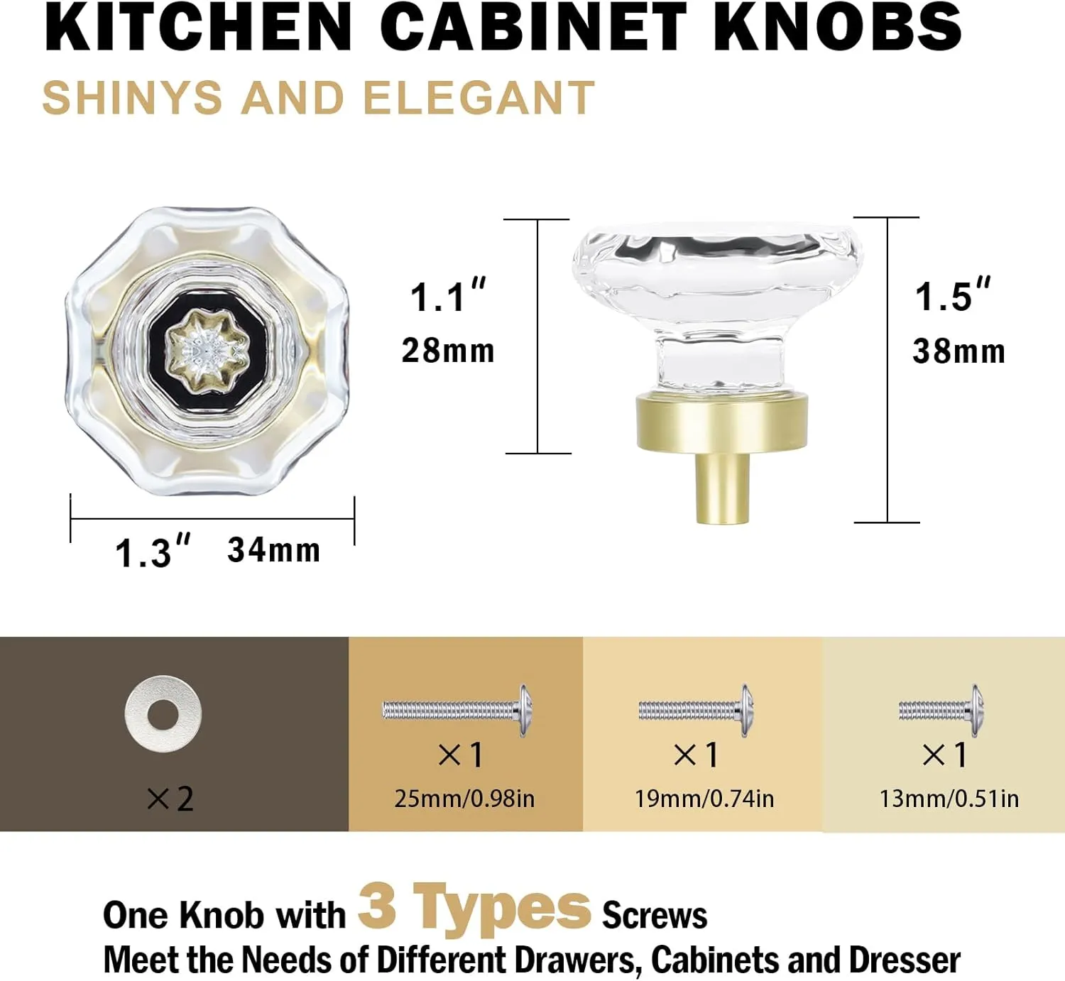 Gold Crystal Glass Cabinet Knobs, Satin Brass Pulls and Knobs for Cabinet Dresser Drawer(16Pcs,Octagon)