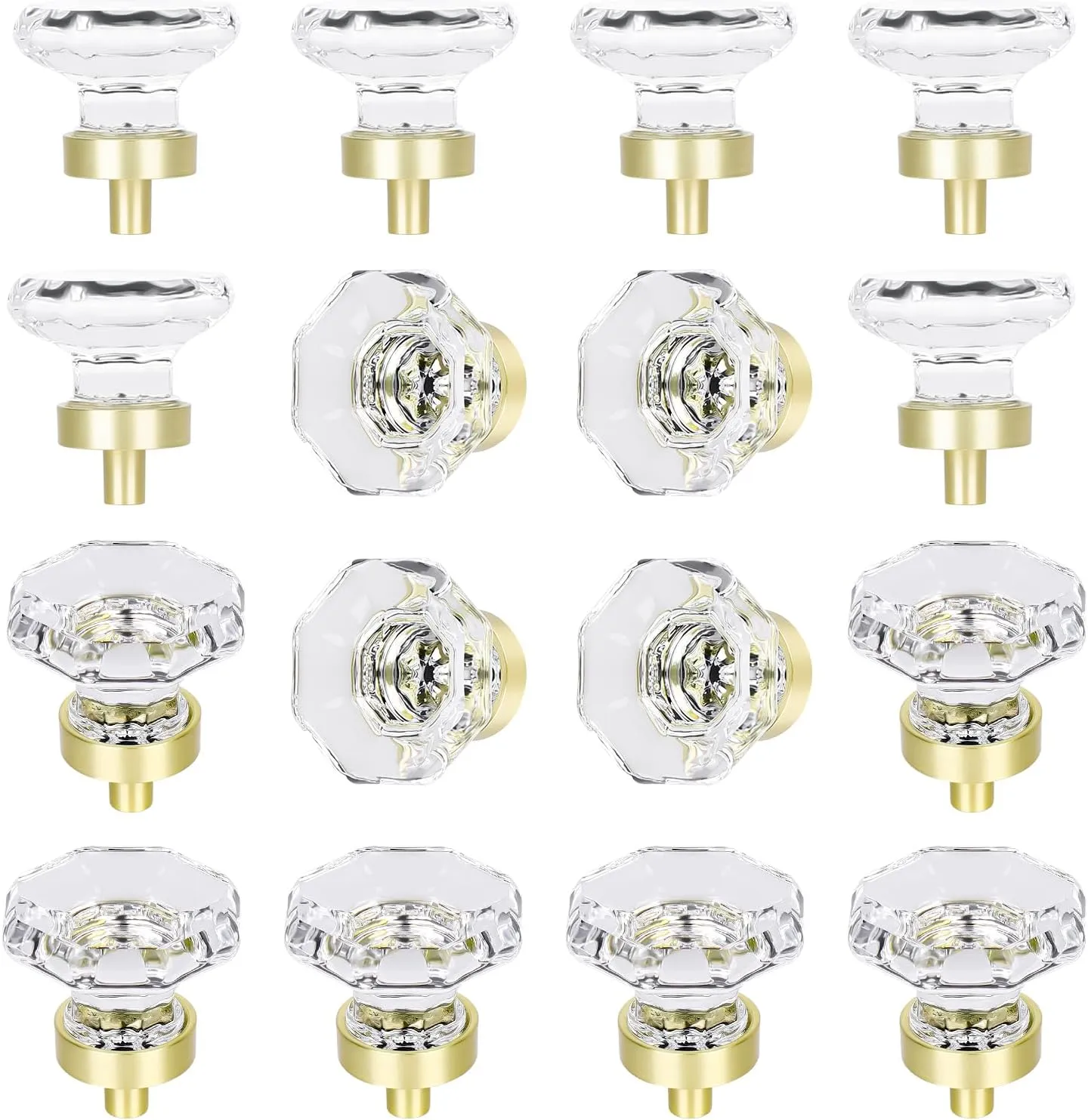 Gold Crystal Glass Cabinet Knobs, Satin Brass Pulls and Knobs for Cabinet Dresser Drawer(16Pcs,Octagon)