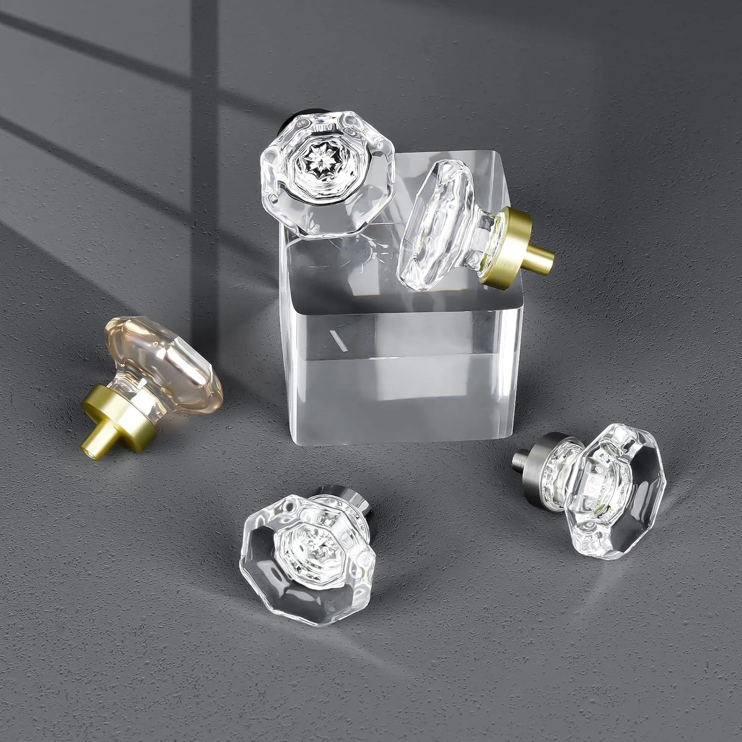 Gold Crystal Glass Cabinet Knobs, Satin Brass Pulls and Knobs for Cabinet Dresser Drawer(16Pcs,Octagon)