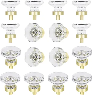 Gold Crystal Glass Cabinet Knobs, Satin Brass Pulls and Knobs for Cabinet Dresser Drawer(16Pcs,Octagon)