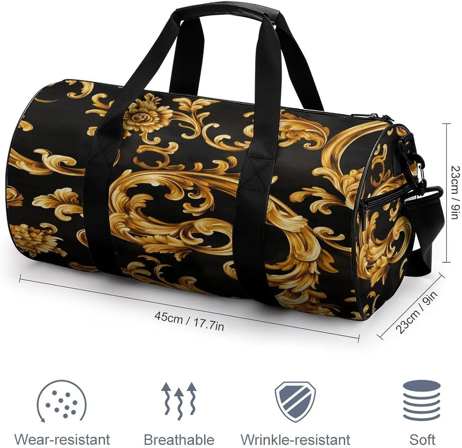 Gold Retro Luxury Pattern Travel Gym Bag for Women Men Cylindrical Duffle Bag Sport Workout Bag with Shoulder Strap