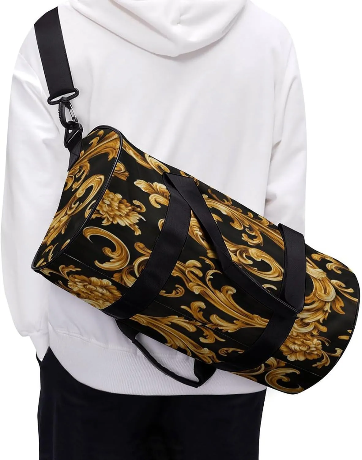 Gold Retro Luxury Pattern Travel Gym Bag for Women Men Cylindrical Duffle Bag Sport Workout Bag with Shoulder Strap