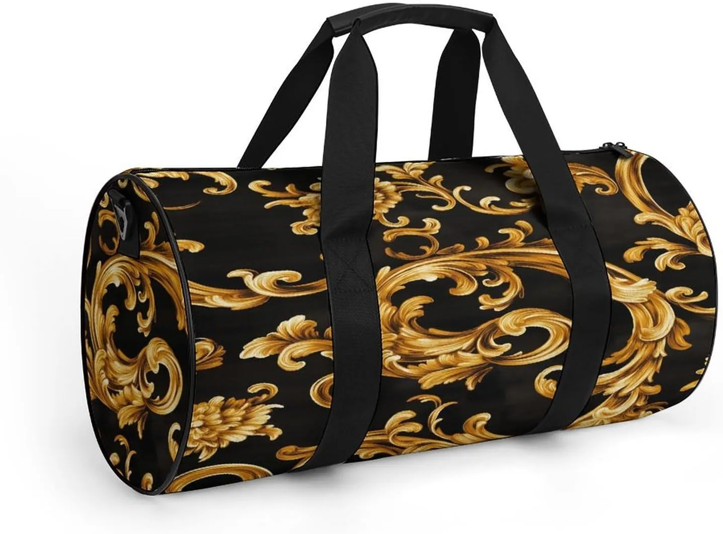 Gold Retro Luxury Pattern Travel Gym Bag for Women Men Cylindrical Duffle Bag Sport Workout Bag with Shoulder Strap