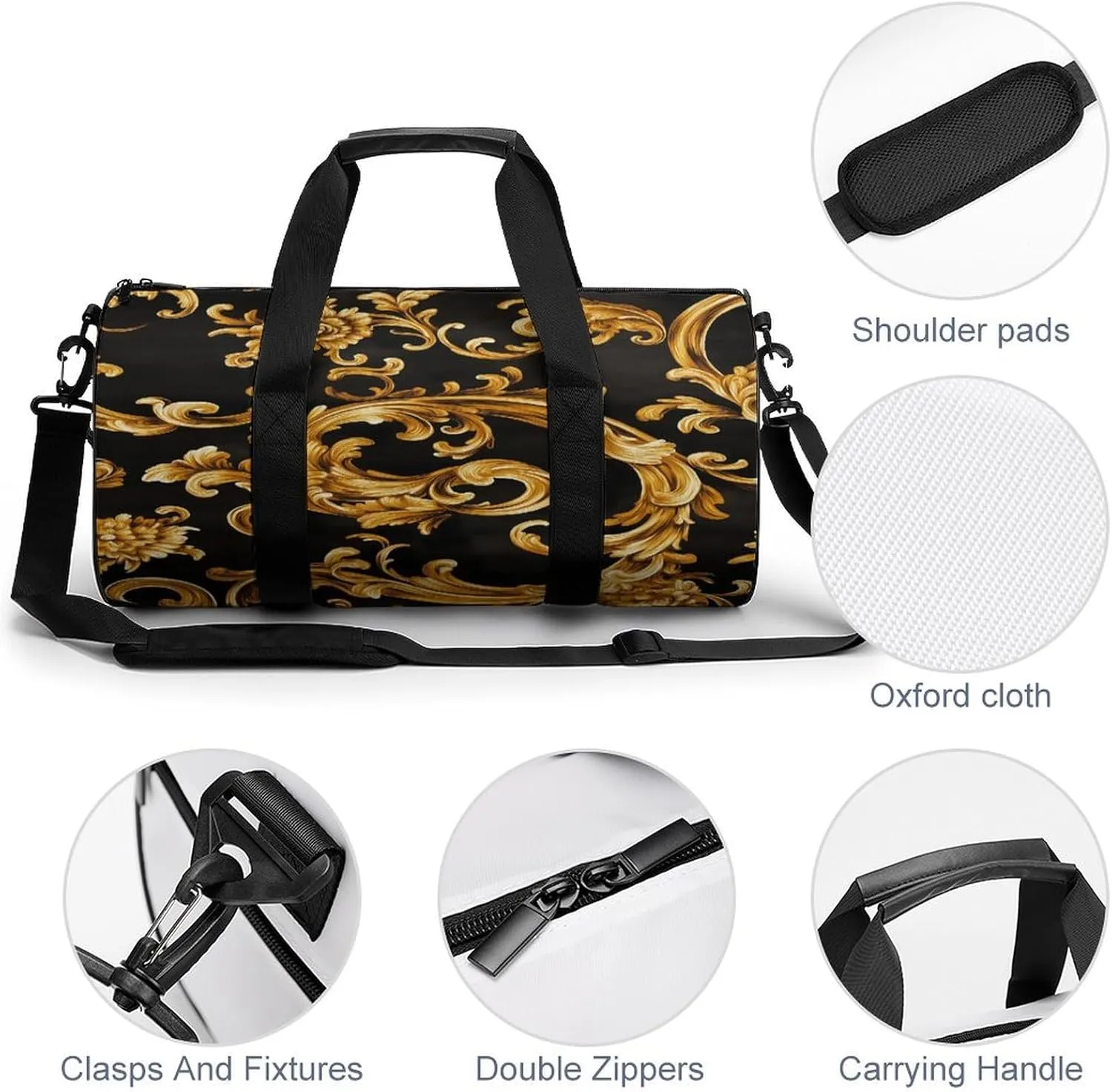Gold Retro Luxury Pattern Travel Gym Bag for Women Men Cylindrical Duffle Bag Sport Workout Bag with Shoulder Strap