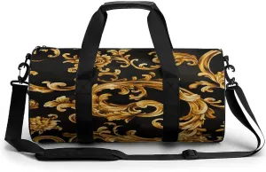 Gold Retro Luxury Pattern Travel Gym Bag for Women Men Cylindrical Duffle Bag Sport Workout Bag with Shoulder Strap