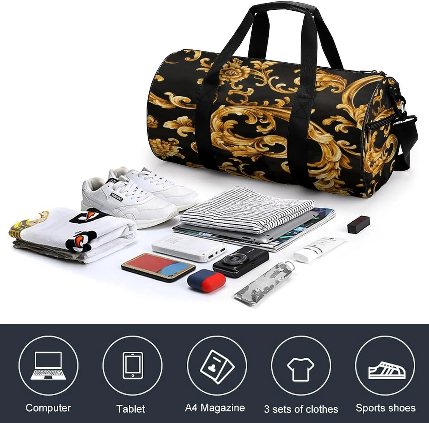Gold Retro Luxury Pattern Travel Gym Bag for Women Men Cylindrical Duffle Bag Sport Workout Bag with Shoulder Strap