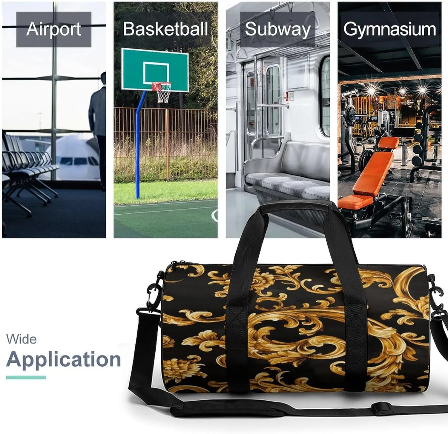 Gold Retro Luxury Pattern Travel Gym Bag for Women Men Cylindrical Duffle Bag Sport Workout Bag with Shoulder Strap