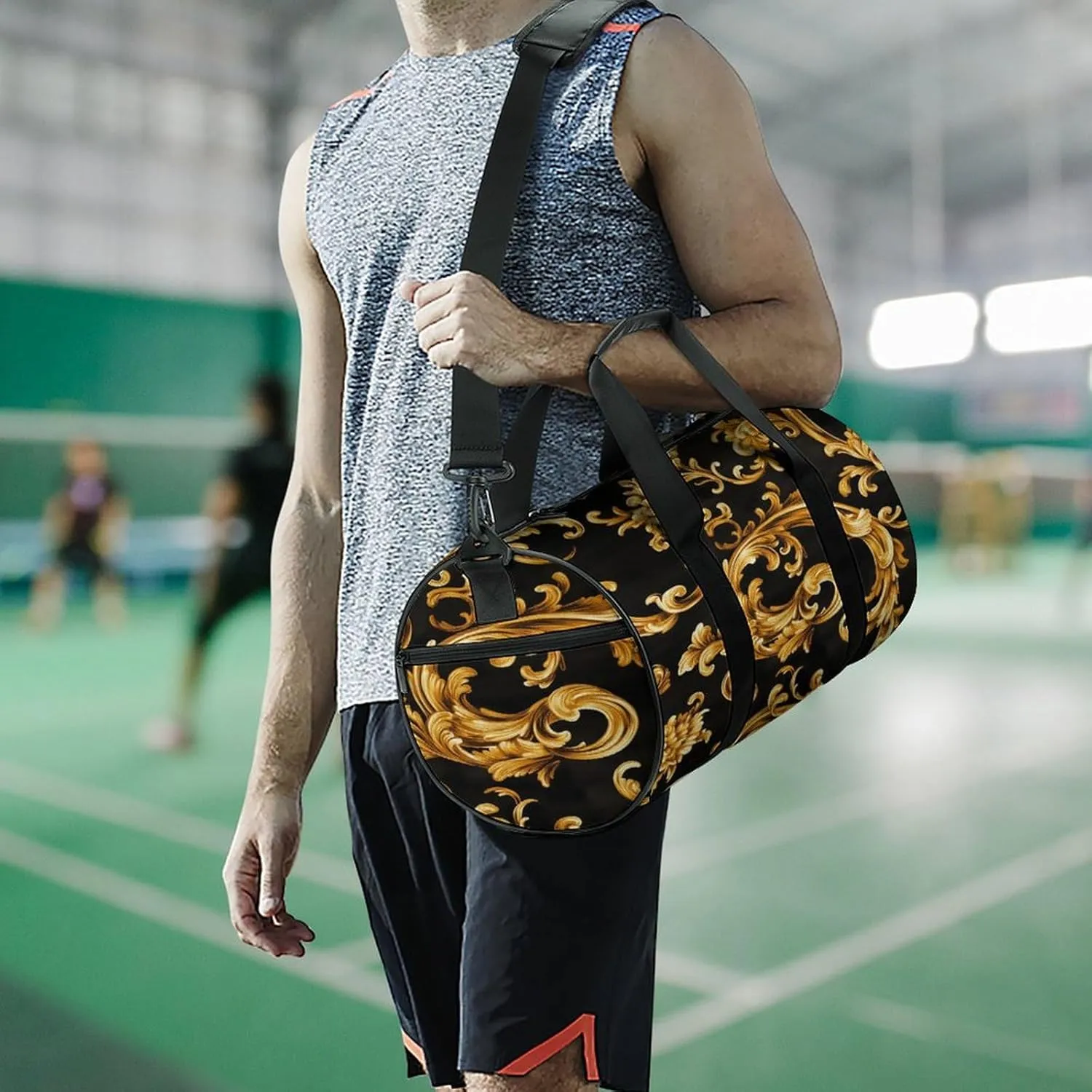 Gold Retro Luxury Pattern Travel Gym Bag for Women Men Cylindrical Duffle Bag Sport Workout Bag with Shoulder Strap