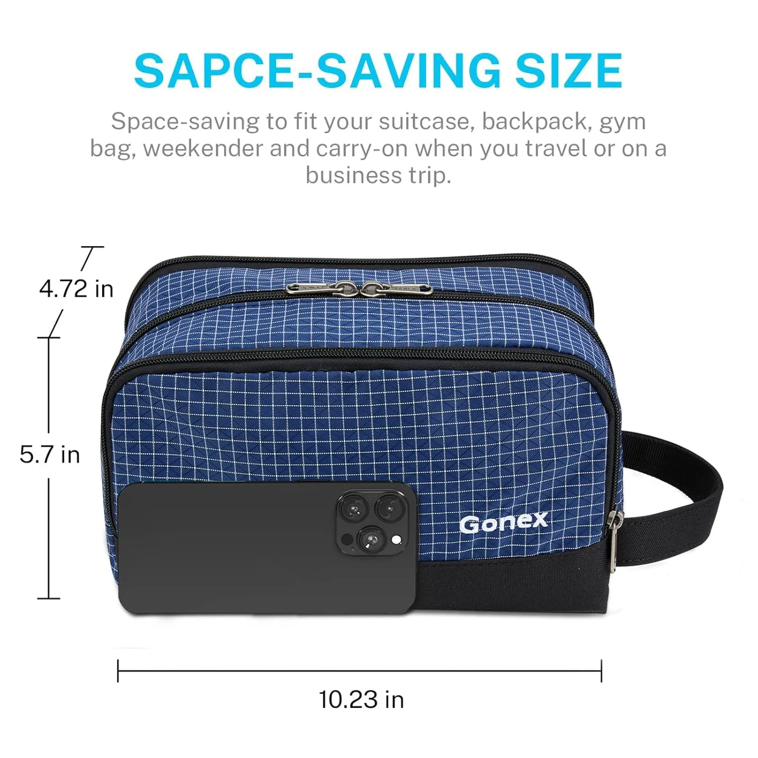 Gonex Travel Toiletry Bag Nylon, Dopp Kit Shaving Bag Toiletry Organizer Checkered Pattern (Navy Blue)