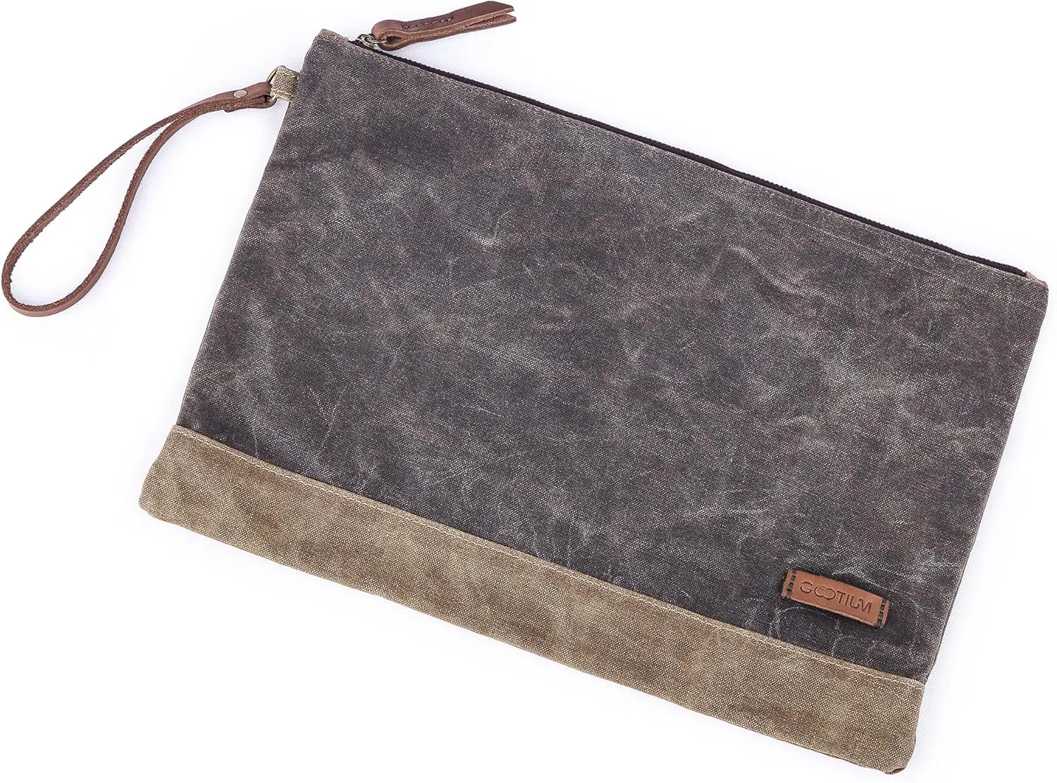 Gootium Waxed Canvas Zip Folio Pencil Pouch - Office Supply Zippered Makeup Bag Multipurpose File Folder - Size 13"x9.4", Olive Drab