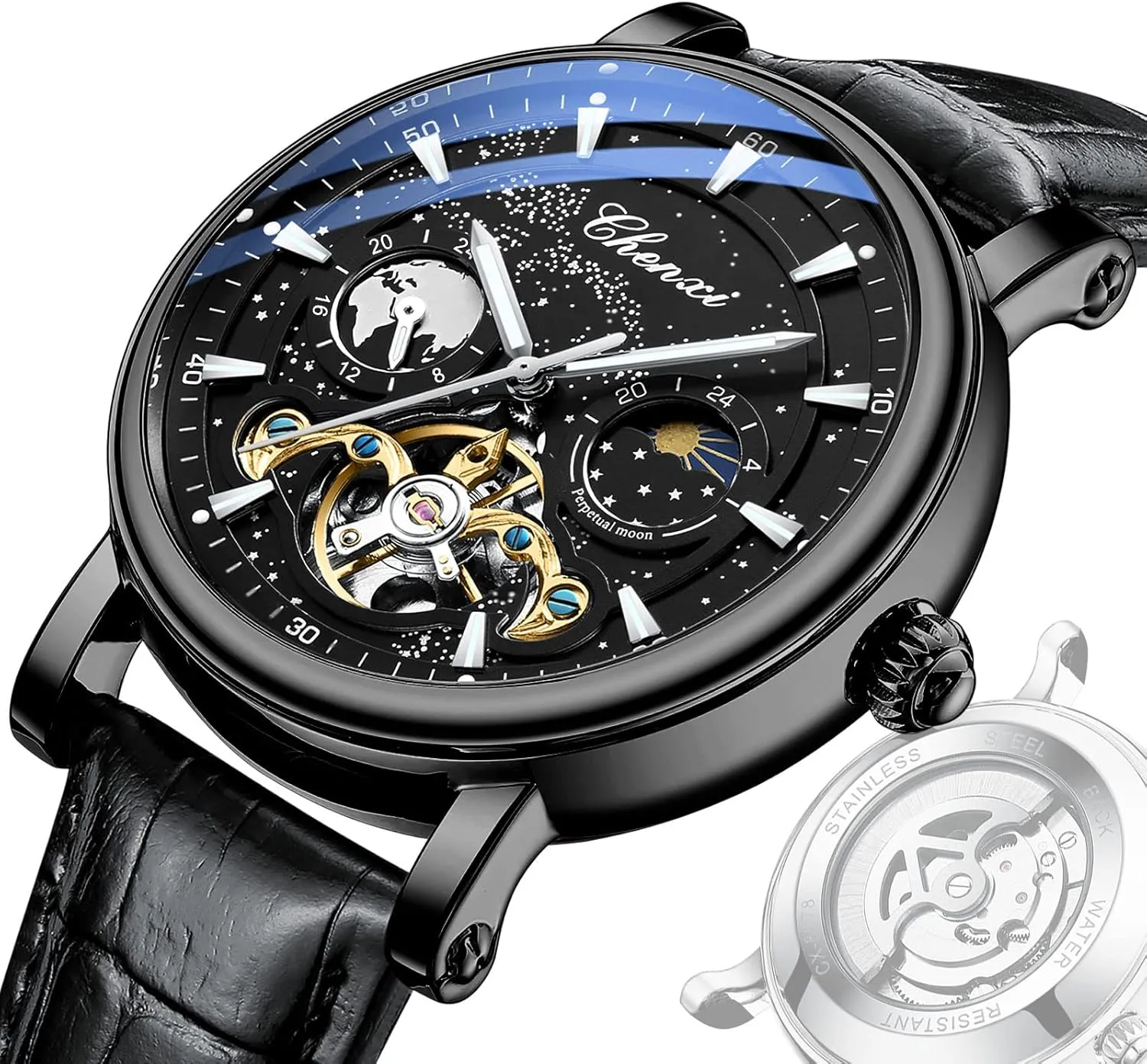 Gosasa Mens Automatic Mechanical Watches Starry Sky Luxury Watch for Men Chronography Tourbillon Moon Phase Business Wristwatch Luminous Waterproof Men's Watch