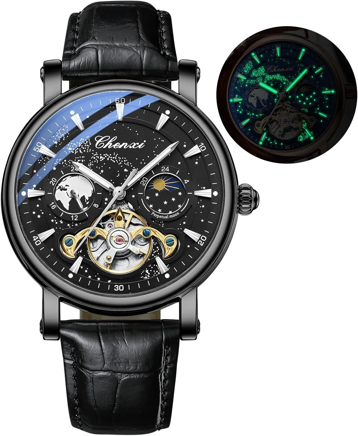 Gosasa Mens Automatic Mechanical Watches Starry Sky Luxury Watch for Men Chronography Tourbillon Moon Phase Business Wristwatch Luminous Waterproof Men's Watch