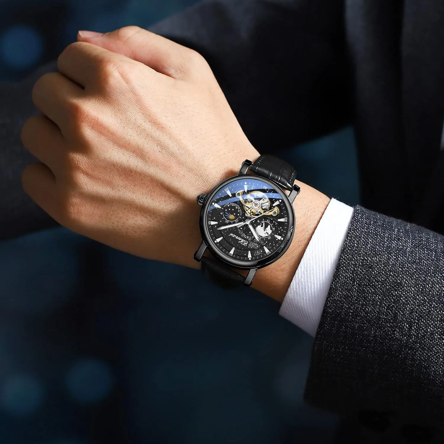 Gosasa Mens Automatic Mechanical Watches Starry Sky Luxury Watch for Men Chronography Tourbillon Moon Phase Business Wristwatch Luminous Waterproof Men's Watch