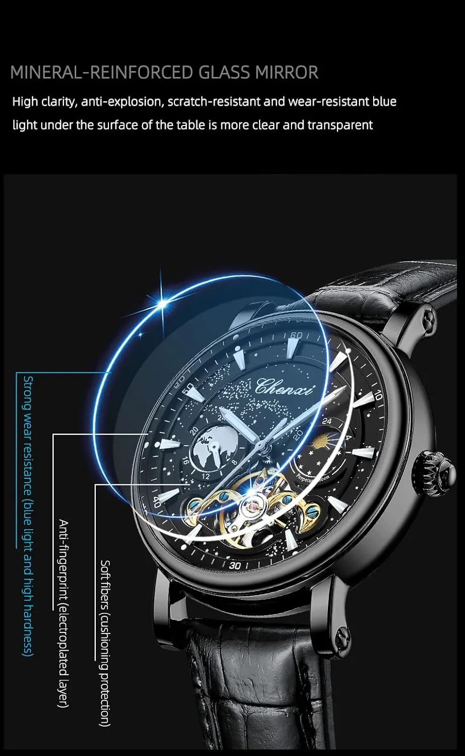 Gosasa Mens Automatic Mechanical Watches Starry Sky Luxury Watch for Men Chronography Tourbillon Moon Phase Business Wristwatch Luminous Waterproof Men's Watch