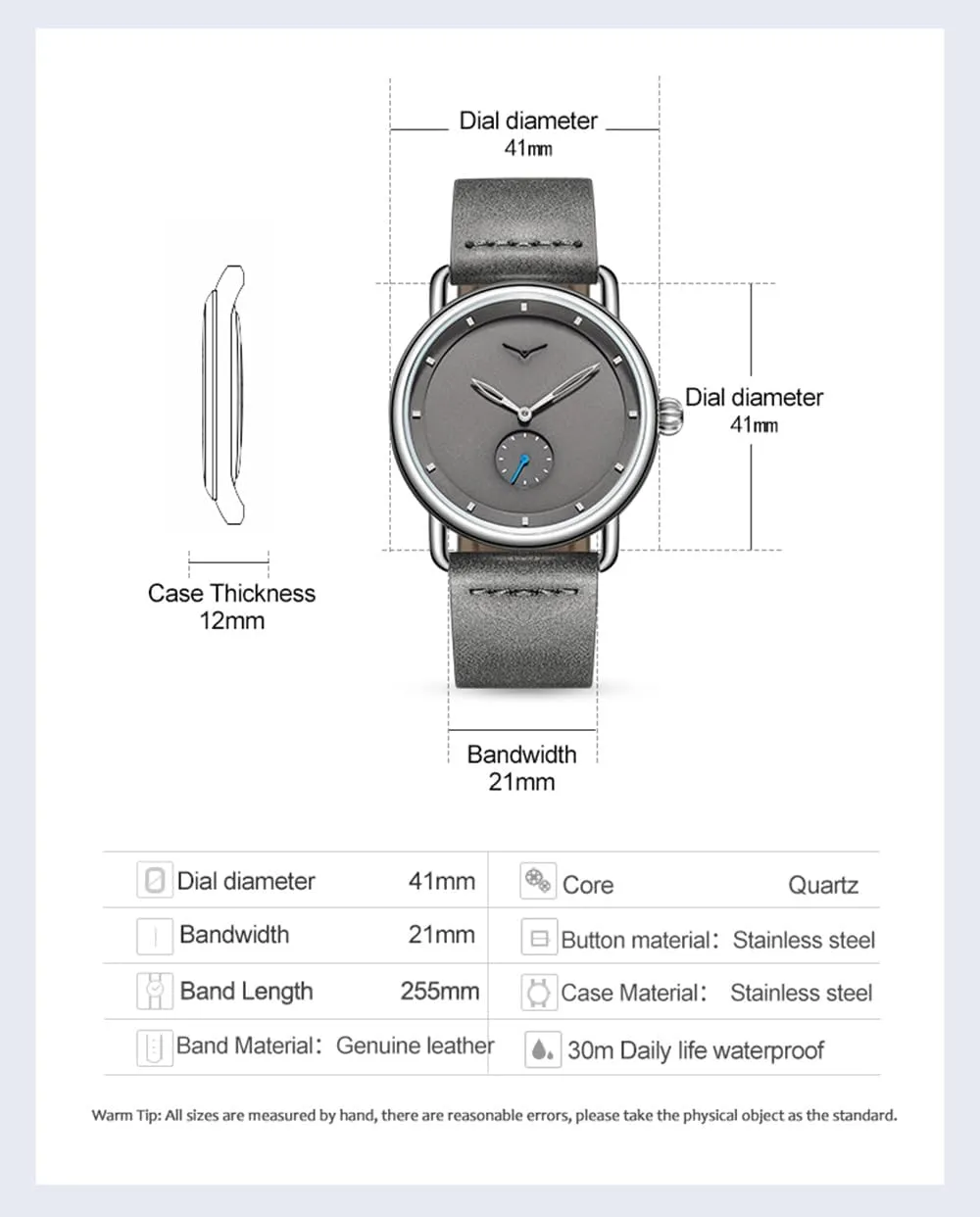 Gosasa Minimalist Fashion Quartz Watch for Men Small Seconds Dial Waterproof Analog Wrist Watch Simple Casual Style with Leather Strap and Multiple Colors