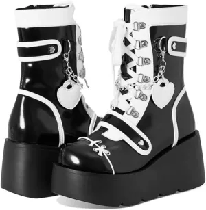 Goth Platform Buckle Boots for Women's Chunky High Heel Lace Up Punk Motorcycle Combat Boots with Chain
