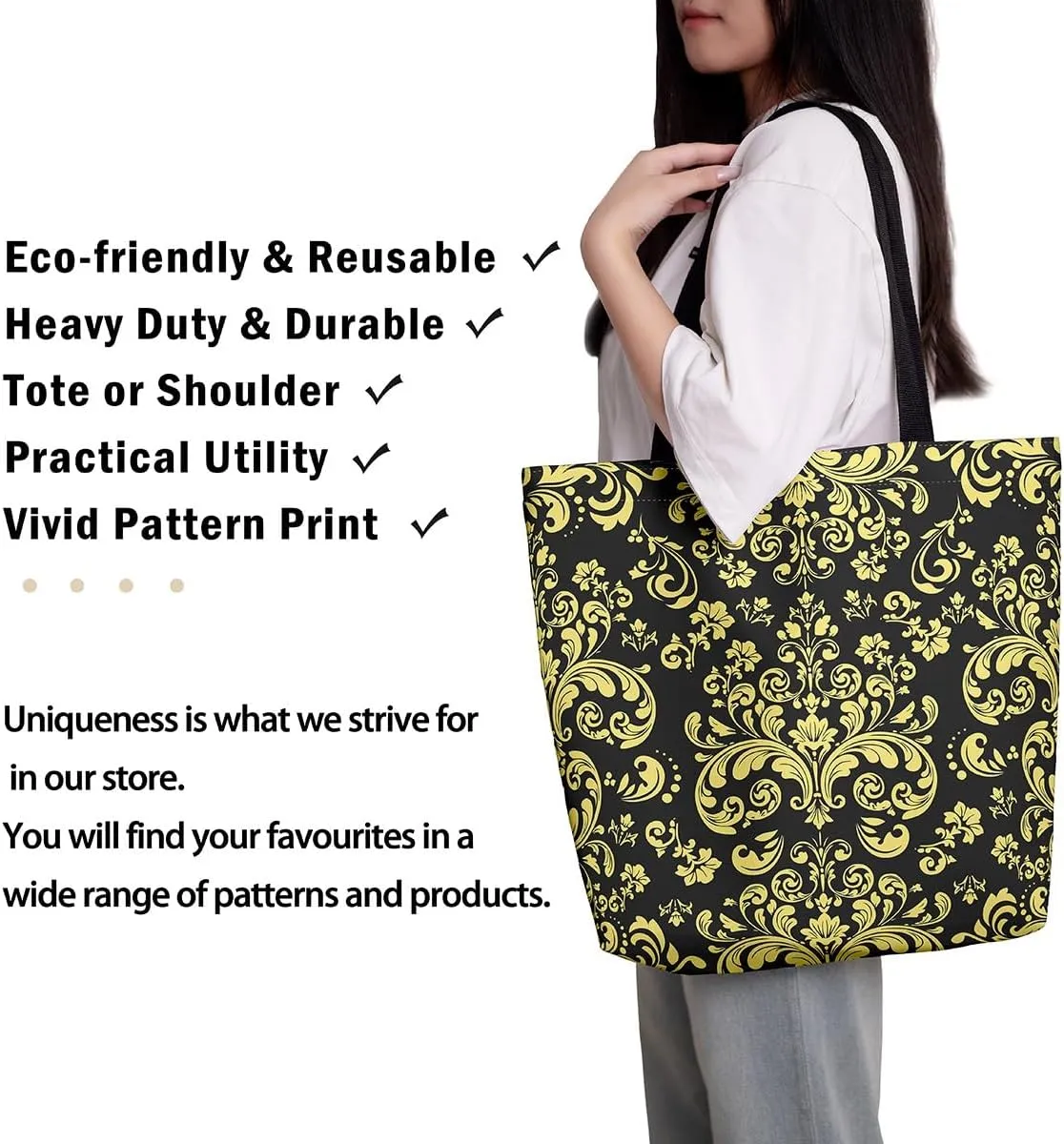 Gothic Damask Tote Bag Victorian Floral Reusable Grocery Bag Bohemian Exotic Shopping Handbag Flower Shoulder Bag