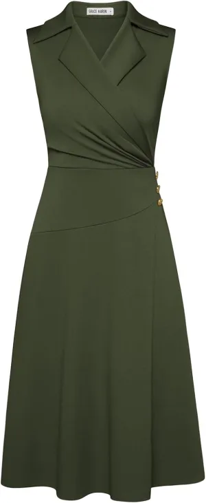 GRACE KARIN 2025 Women's Notch Lapel Ruched Wrap V Neck Business Work Dress Sleeveless A Line Midi Dress