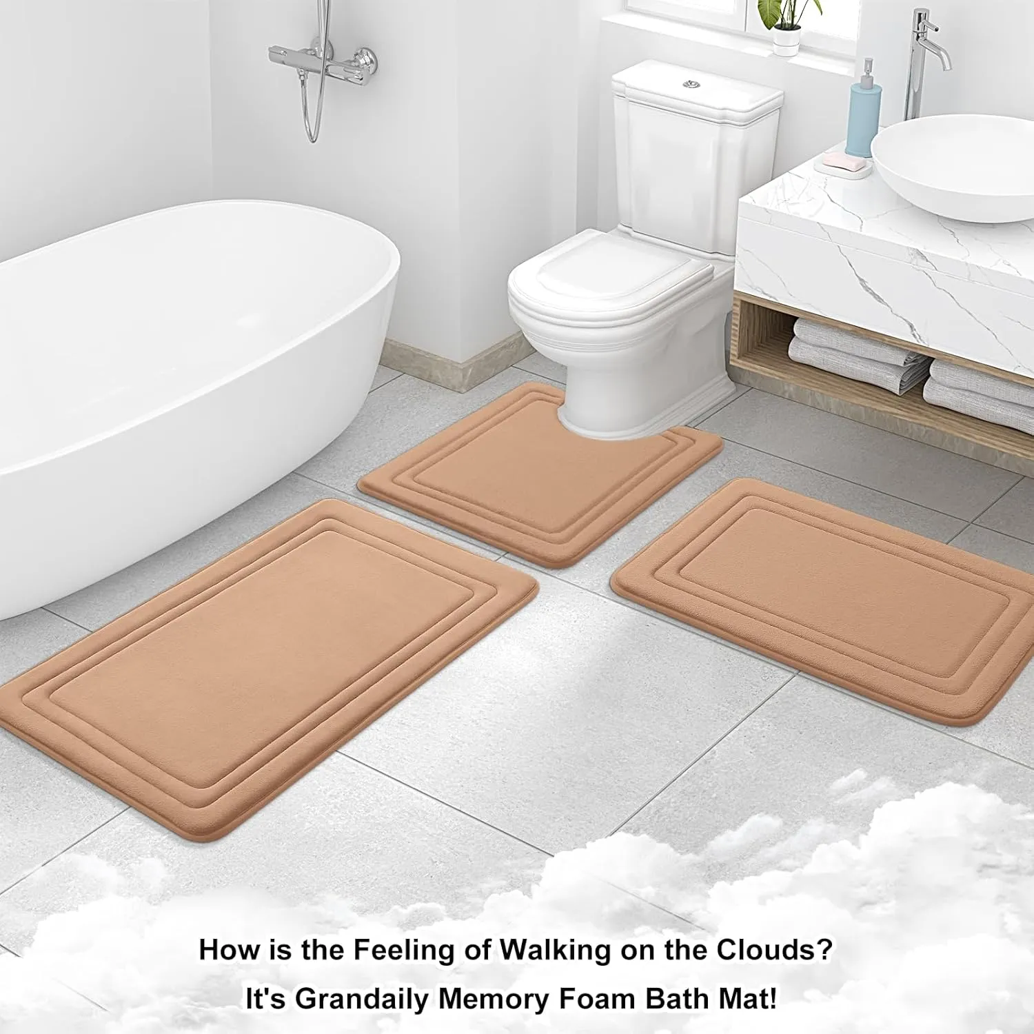 Grandaily Memory Foam Bath Mat Rug 30x20, Ultra Soft, Non-Slip and Absorbent Bathroom Rugs, Machine Wash Dry, Comfortable Bath Carpet for Bathroom Floor, Tub and Shower, Dark Beige