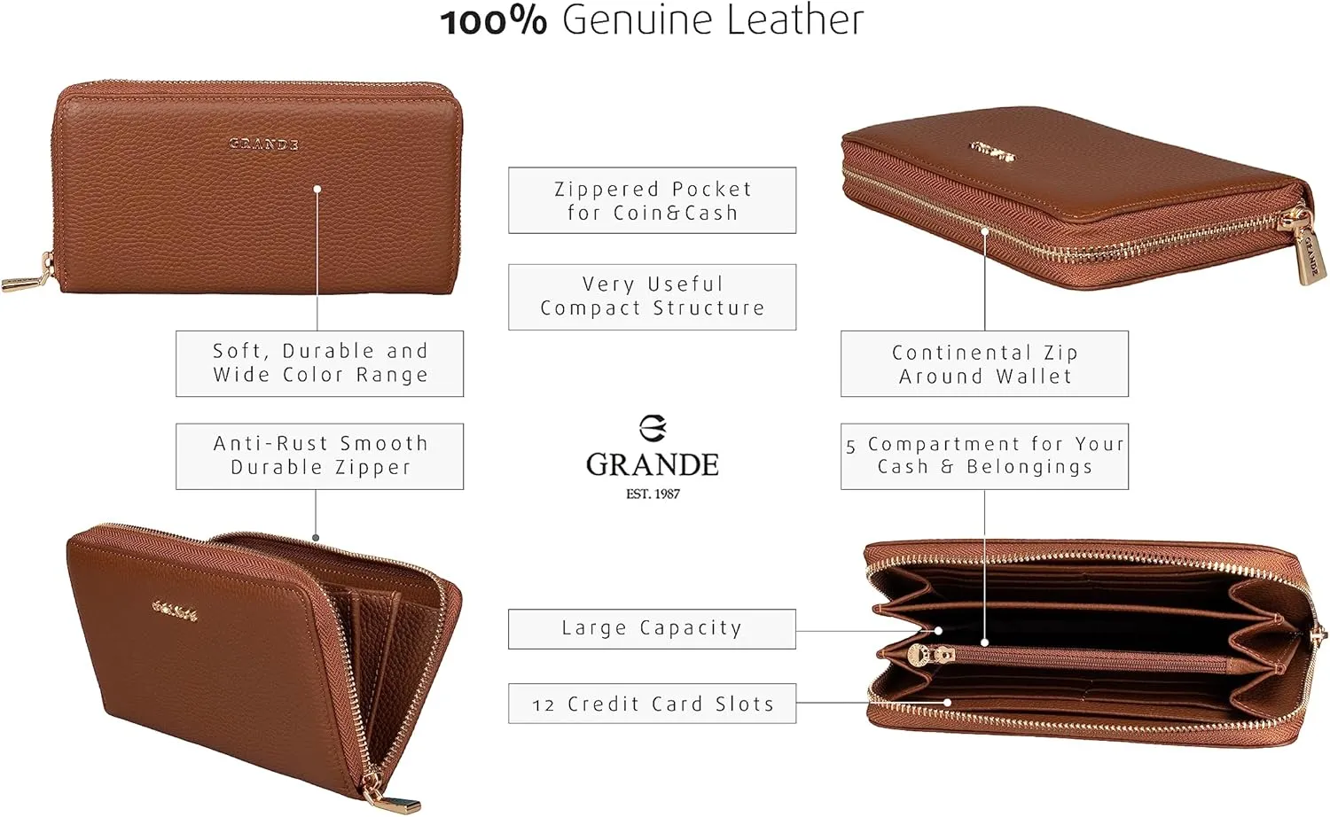 grande 2700 Genuine Leather Zip Around Continental Women Wallet Ladies Zippered Mini Purse - Brown