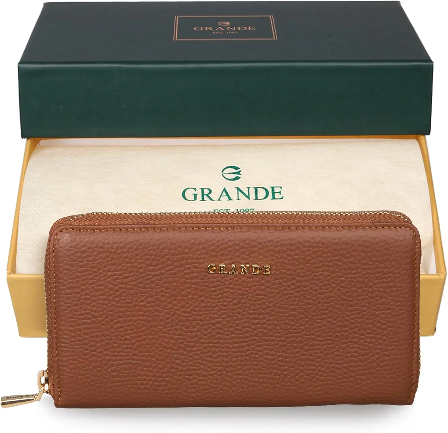 grande 2700 Genuine Leather Zip Around Continental Women Wallet Ladies Zippered Mini Purse - Brown