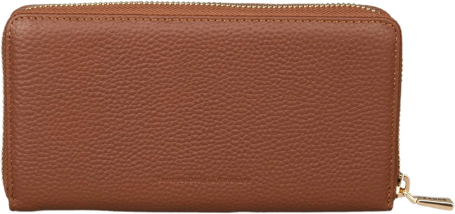 grande 2700 Genuine Leather Zip Around Continental Women Wallet Ladies Zippered Mini Purse - Brown