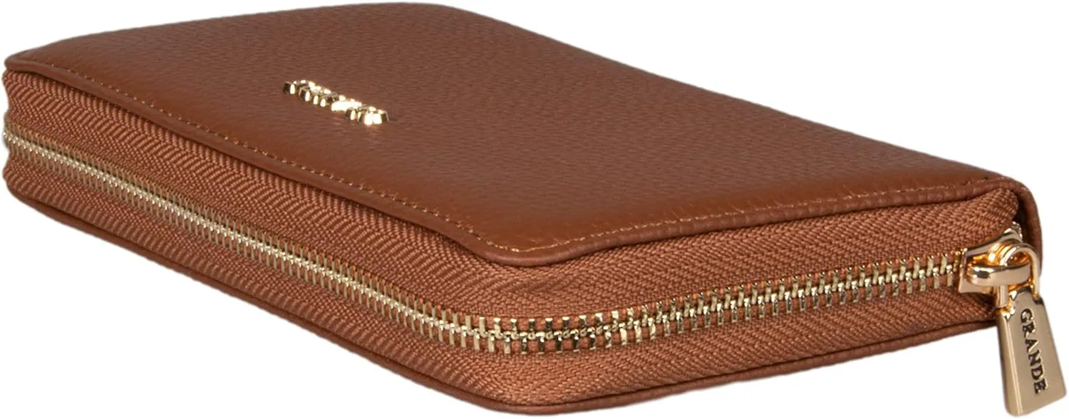 grande 2700 Genuine Leather Zip Around Continental Women Wallet Ladies Zippered Mini Purse - Brown
