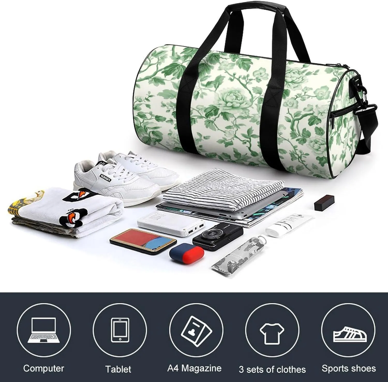 Green Floral Chinoiserie Pattern Travel Gym Bag for Women Men Cylindrical Duffle Bag Sport Workout Bag with Shoulder Strap