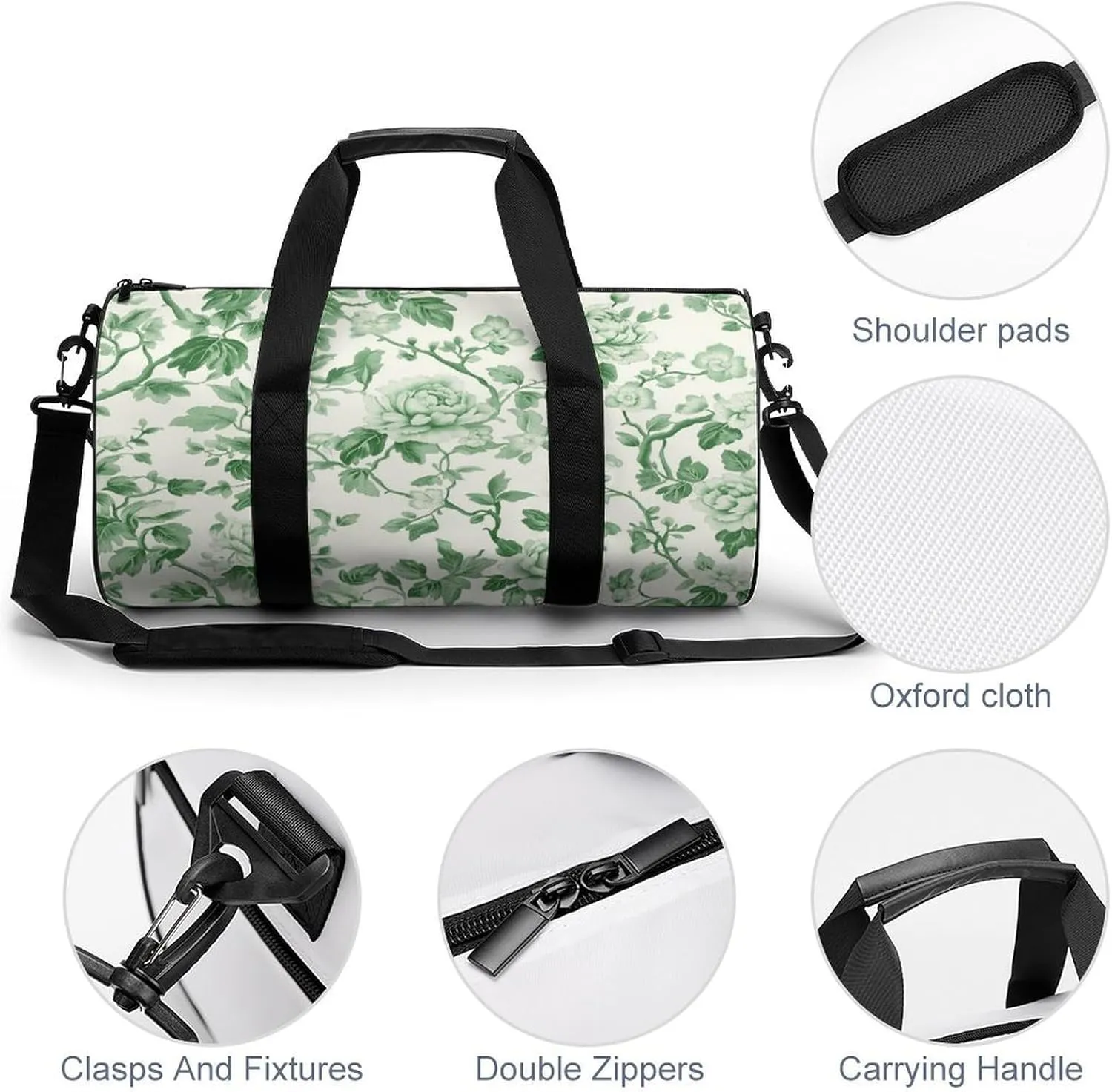 Green Floral Chinoiserie Pattern Travel Gym Bag for Women Men Cylindrical Duffle Bag Sport Workout Bag with Shoulder Strap