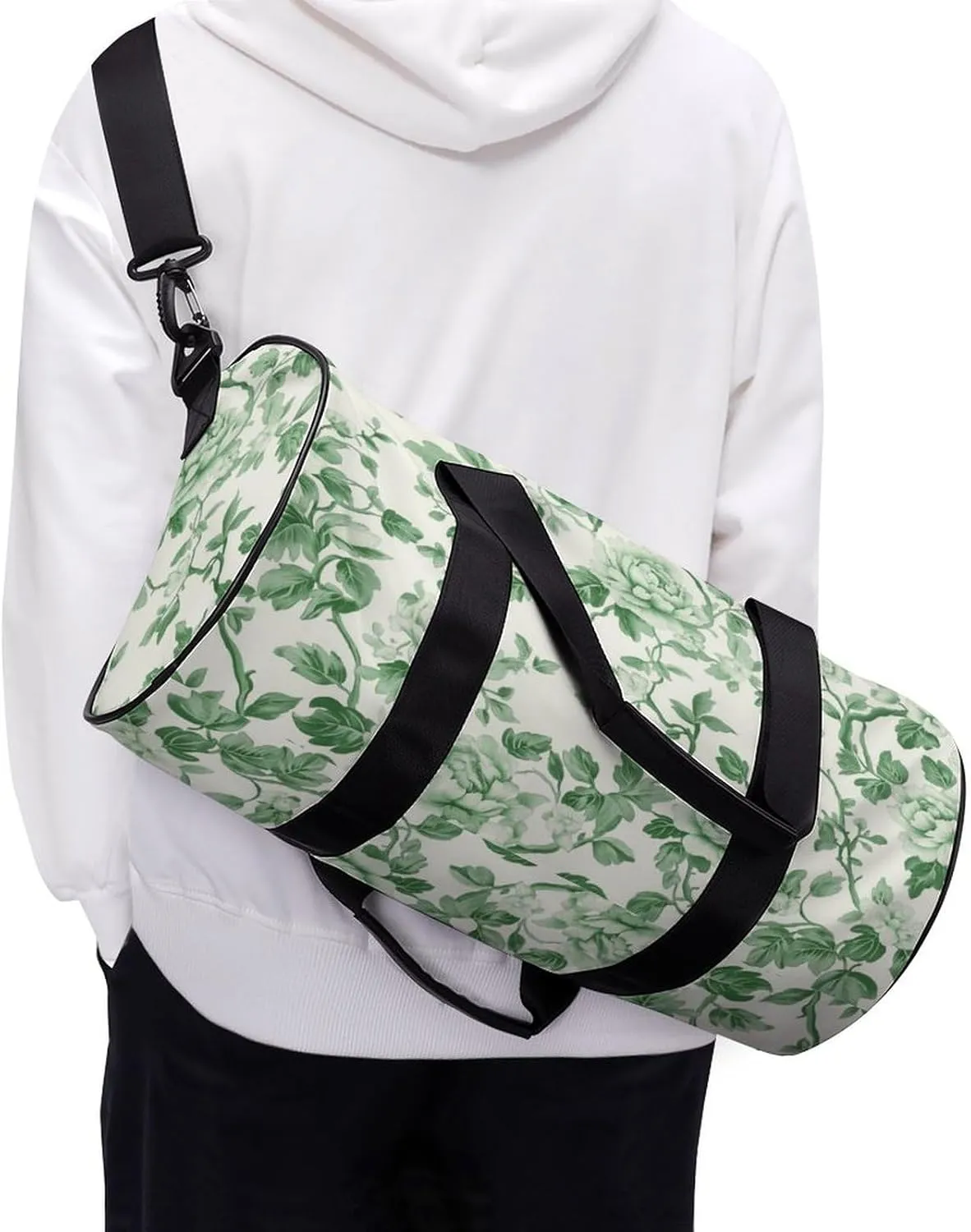 Green Floral Chinoiserie Pattern Travel Gym Bag for Women Men Cylindrical Duffle Bag Sport Workout Bag with Shoulder Strap