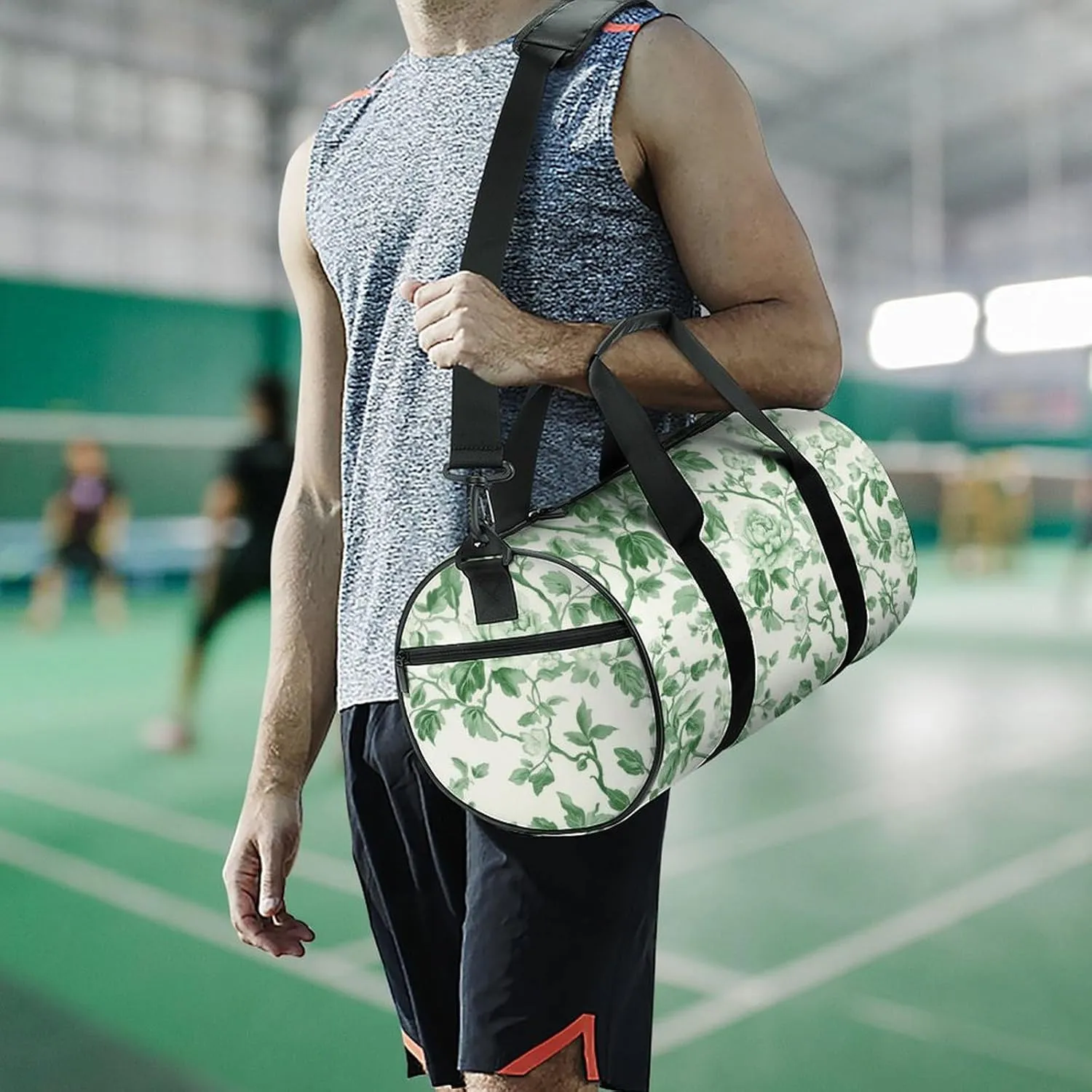 Green Floral Chinoiserie Pattern Travel Gym Bag for Women Men Cylindrical Duffle Bag Sport Workout Bag with Shoulder Strap