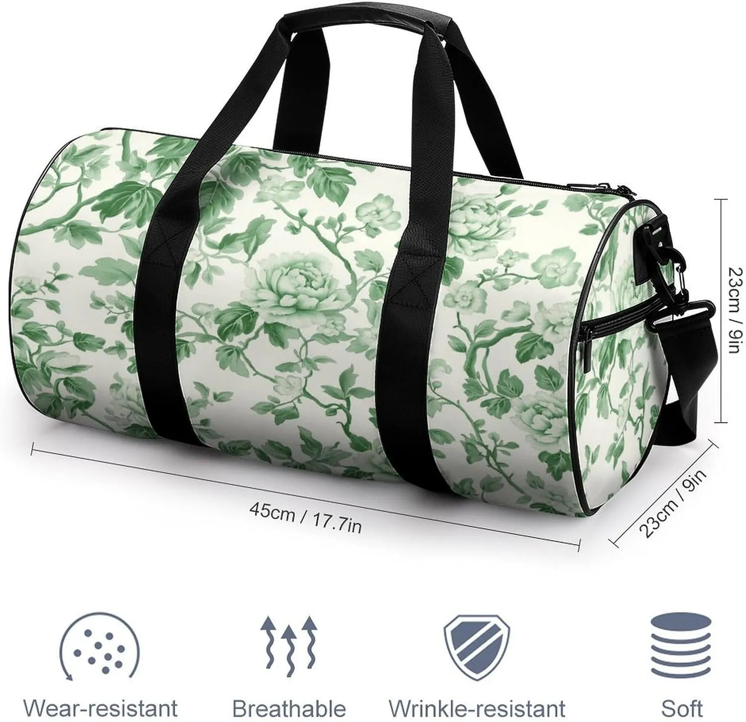 Green Floral Chinoiserie Pattern Travel Gym Bag for Women Men Cylindrical Duffle Bag Sport Workout Bag with Shoulder Strap