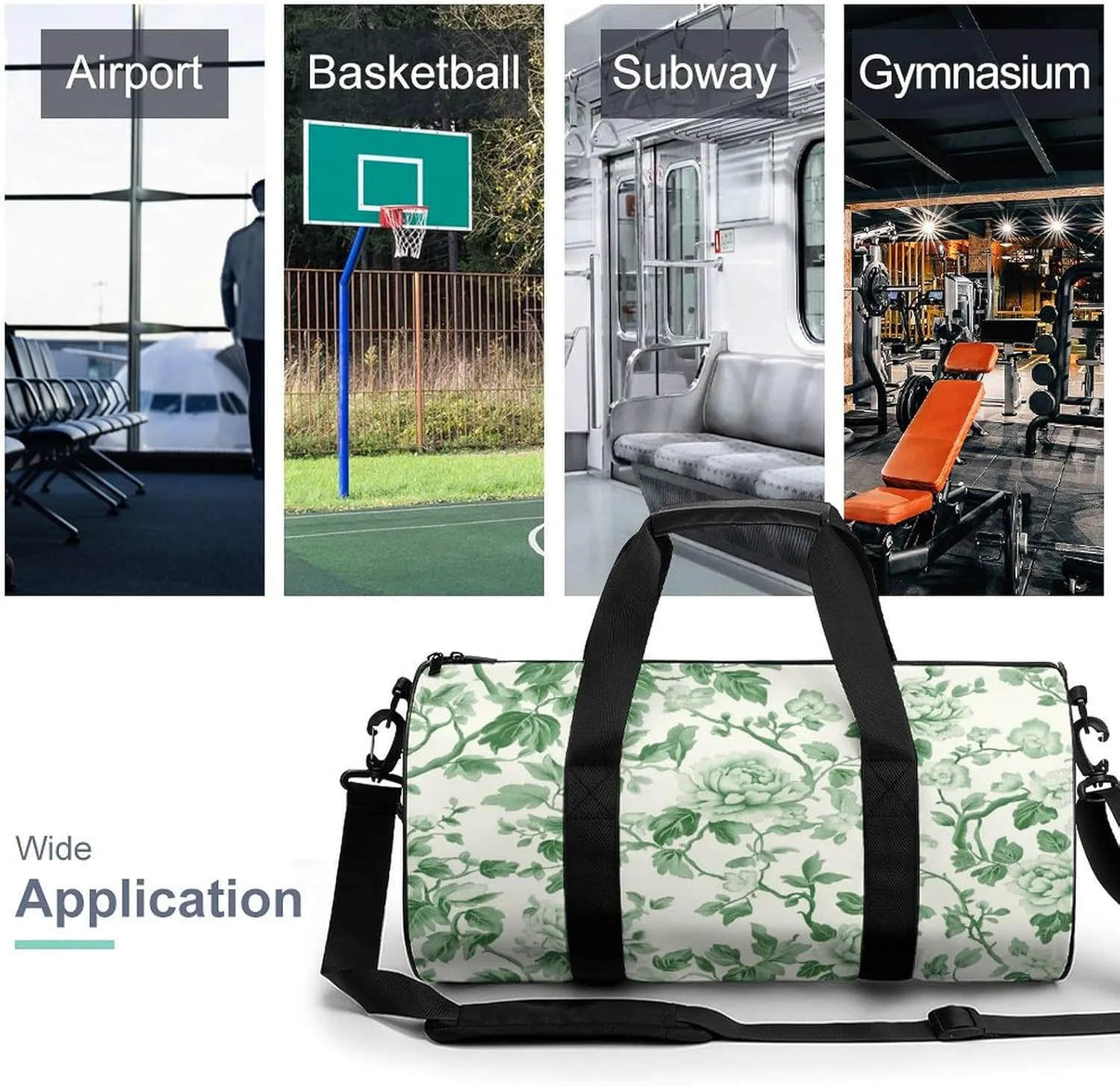 Green Floral Chinoiserie Pattern Travel Gym Bag for Women Men Cylindrical Duffle Bag Sport Workout Bag with Shoulder Strap