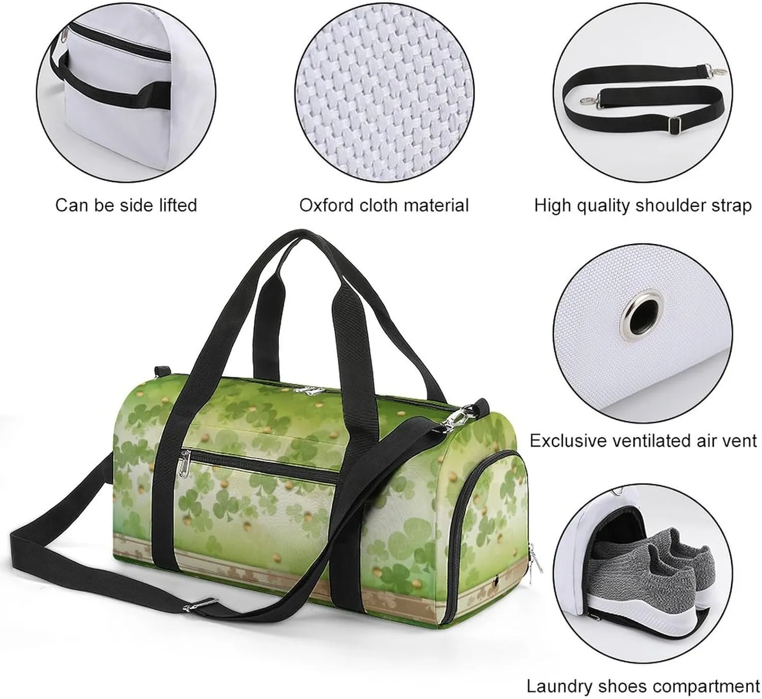 Green Leaves Sports Tote Gym Bag for Women Men, Overnight Bag with Shoe Compartment Water Resistant