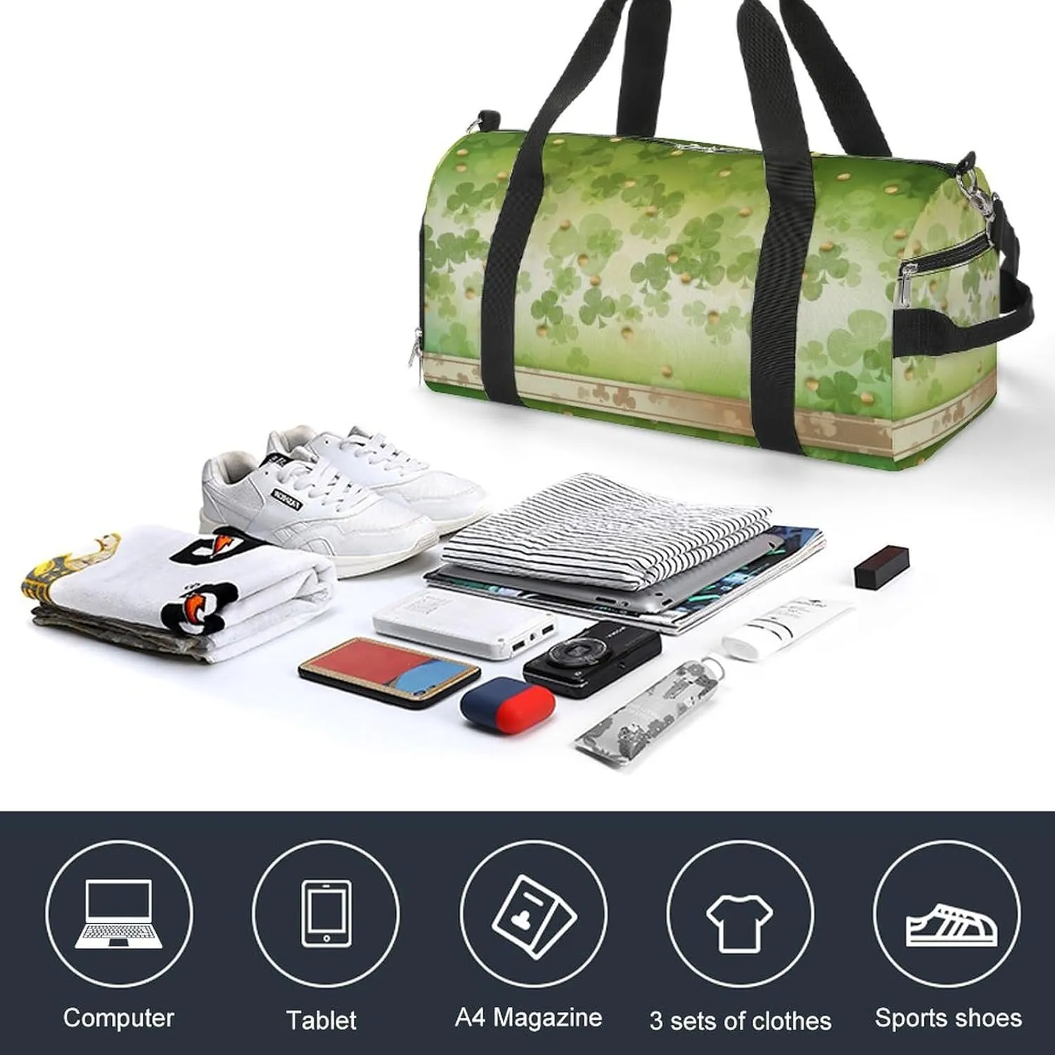 Green Leaves Sports Tote Gym Bag for Women Men, Overnight Bag with Shoe Compartment Water Resistant