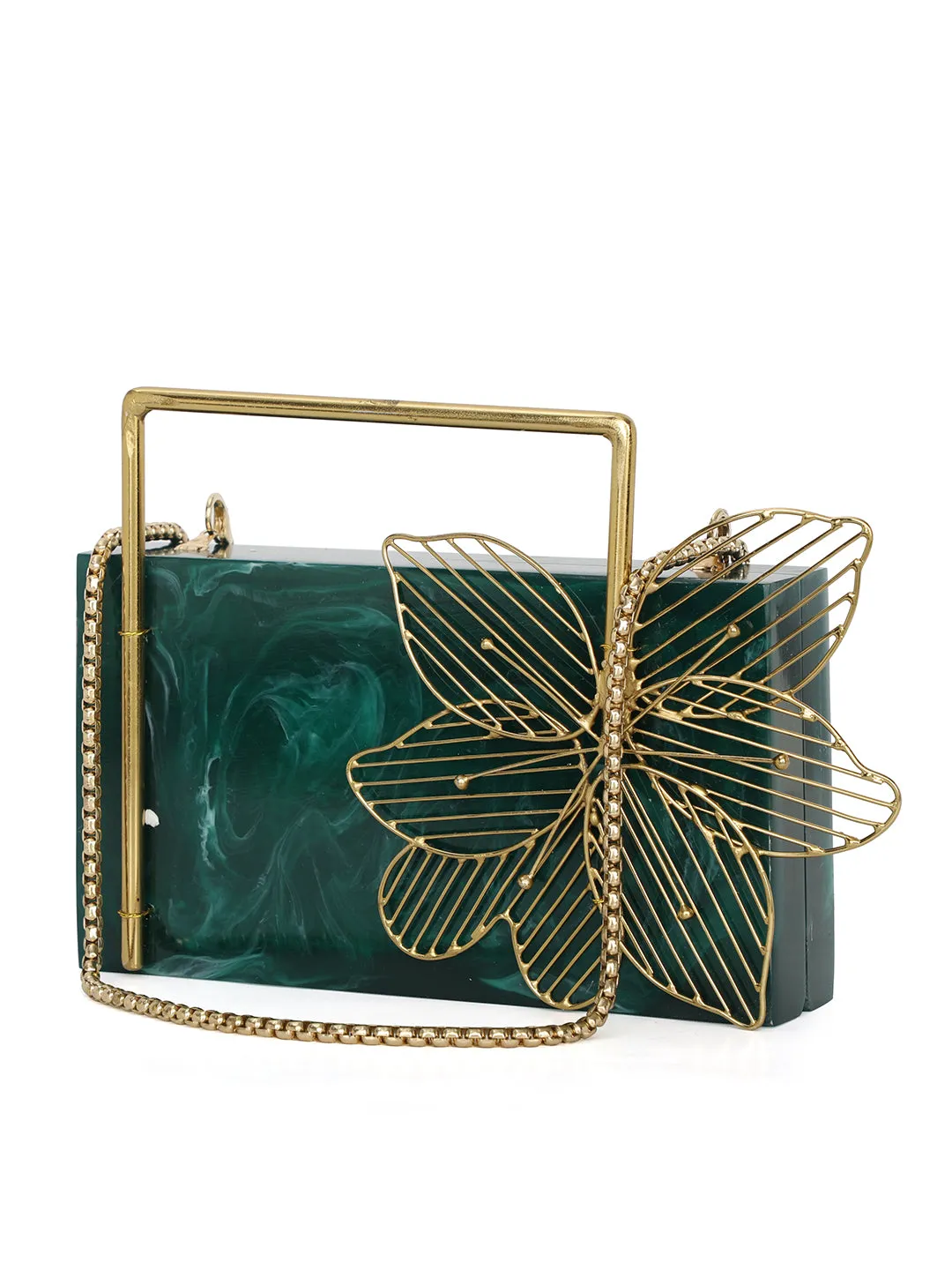 Green Solid Party Box Clutches With Attractive Brass Handle